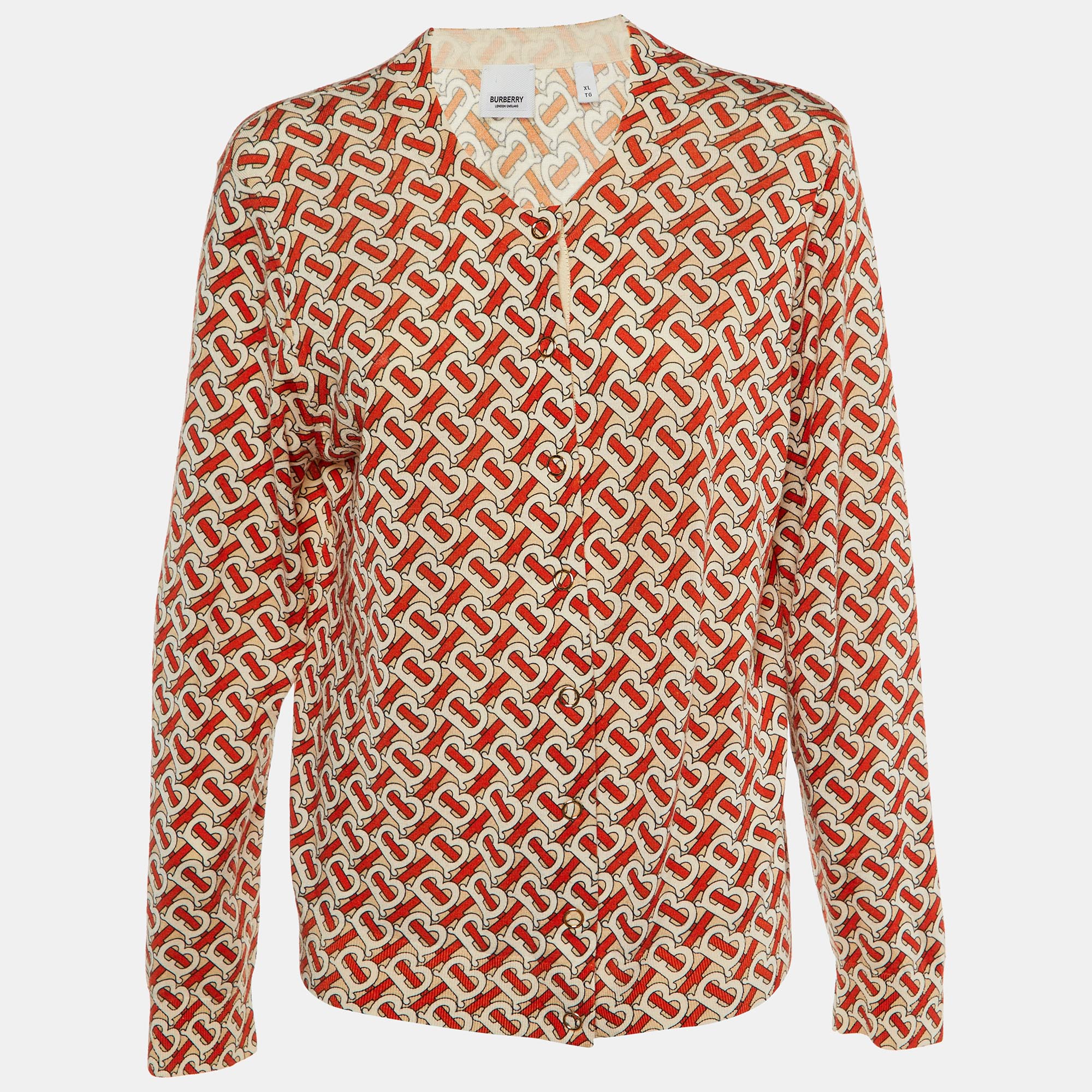 

Burberry Cream & Red Monogram Printed Wool Cardigan XL