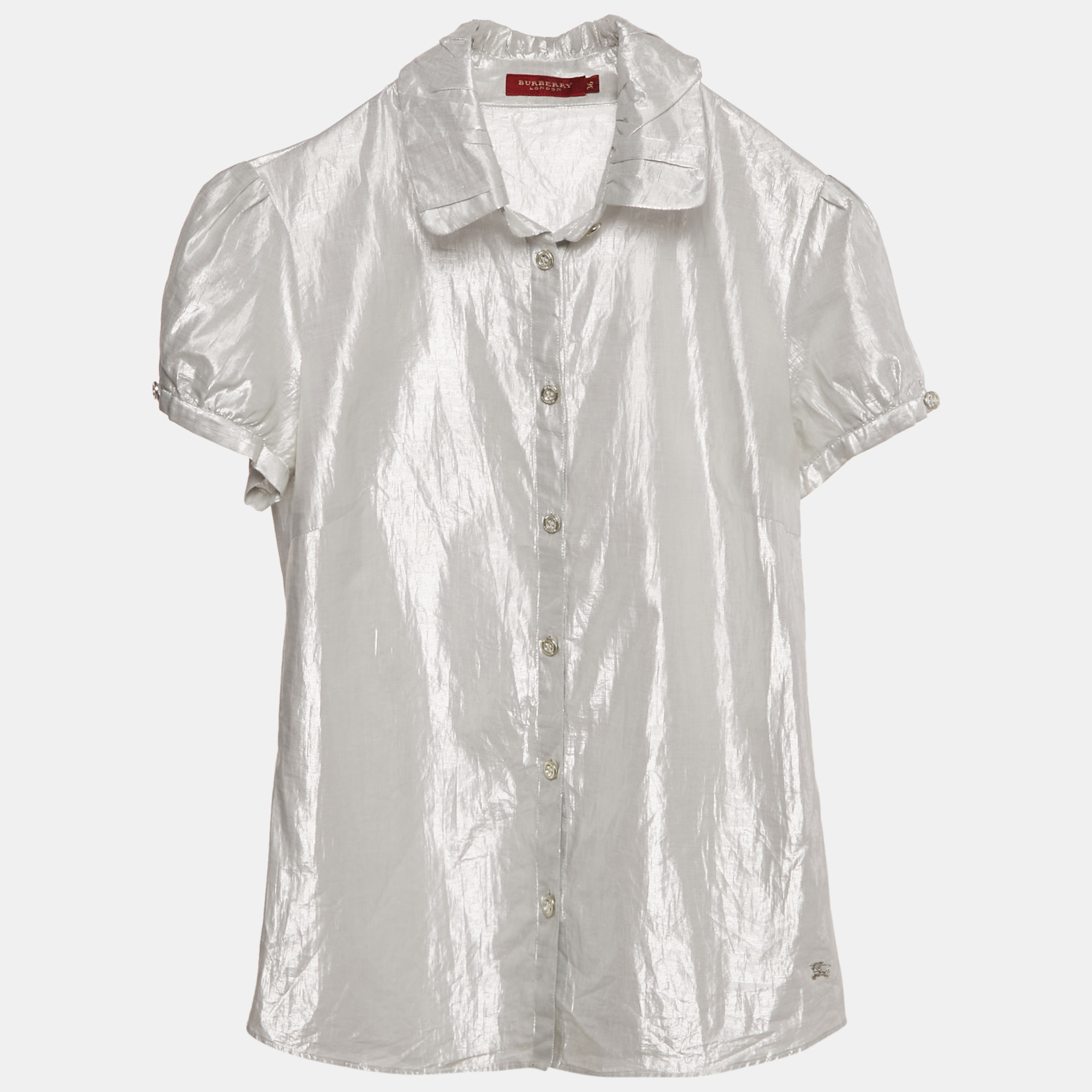 Burberry London Silver Lam&eacute; Button Front Shirt XS