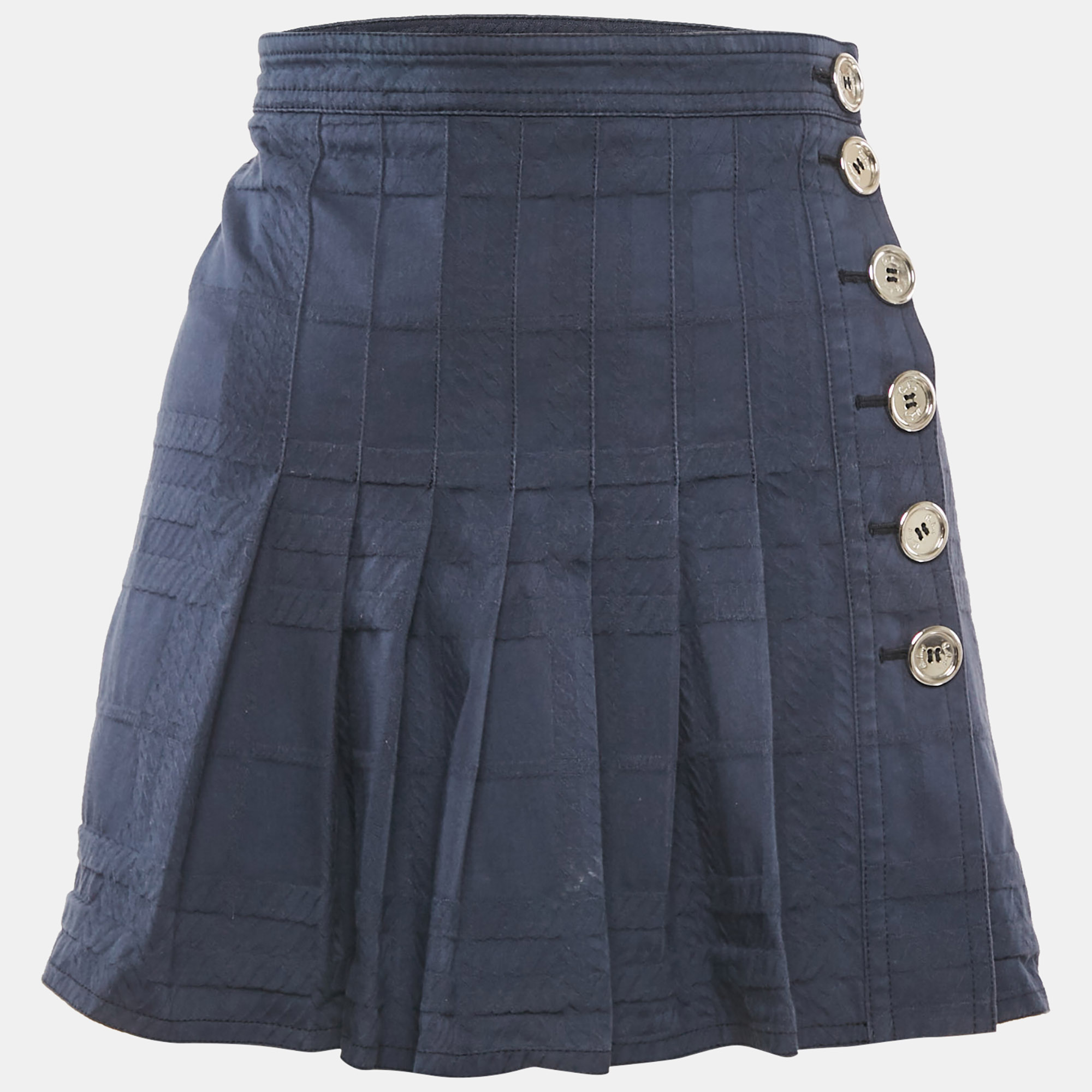 

Burberry London Navy Blue Jacquard Pleated Mini Wrap Skirt M