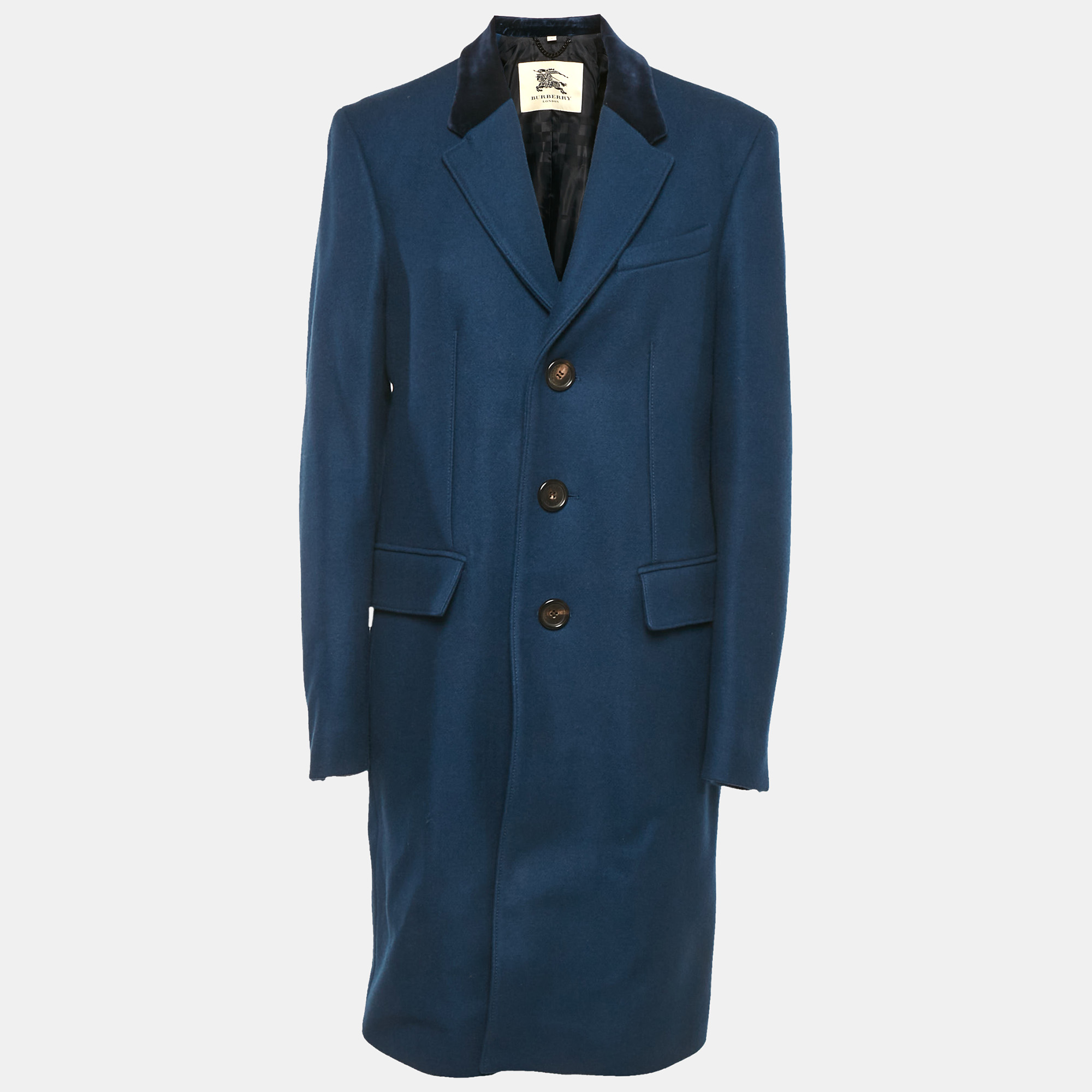 Pre-owned Burberry Blue Velvet Collar Wool Coat L