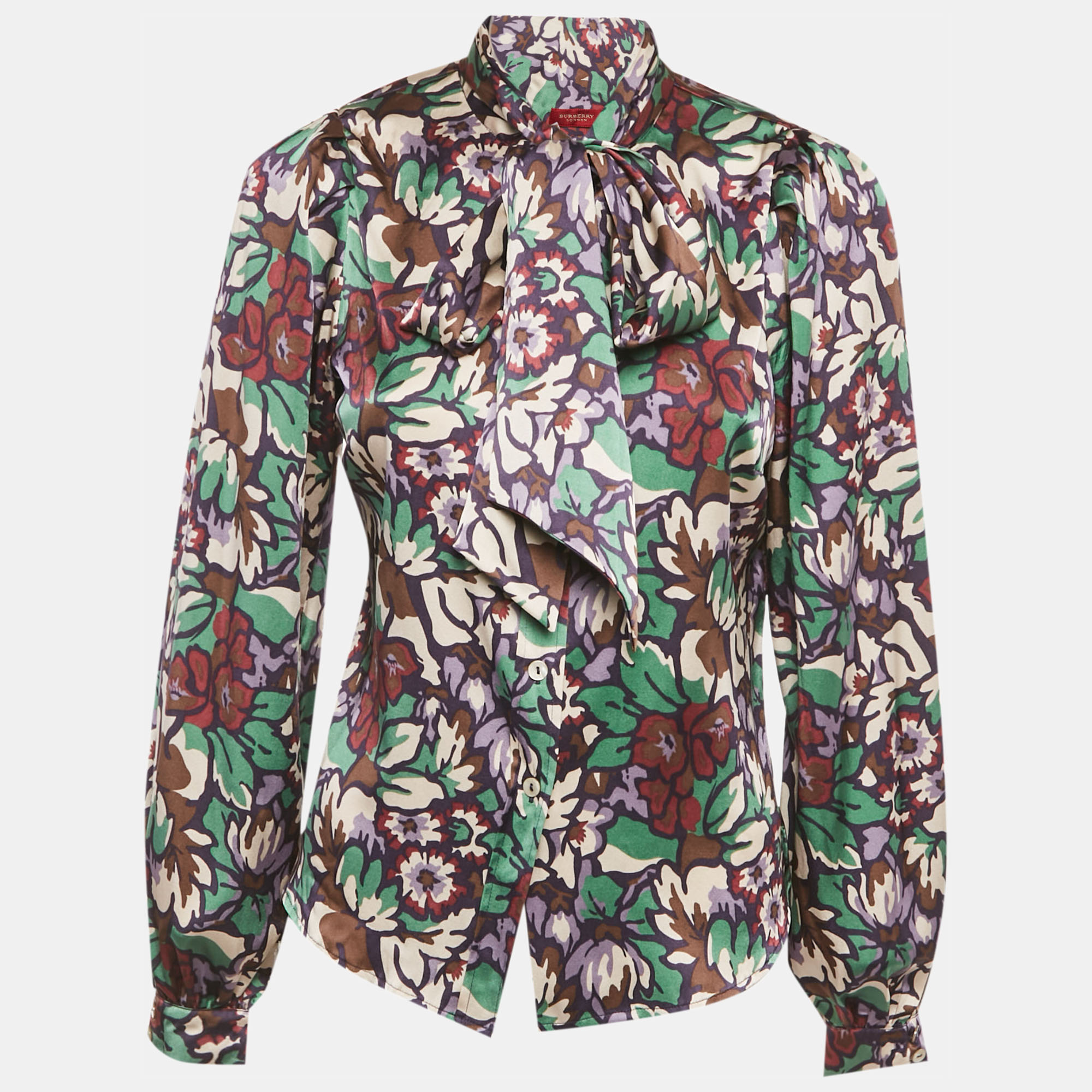 Pre-owned Burberry Multicolor Printed Satin Silk Tie-up Neck Detail Blouse S