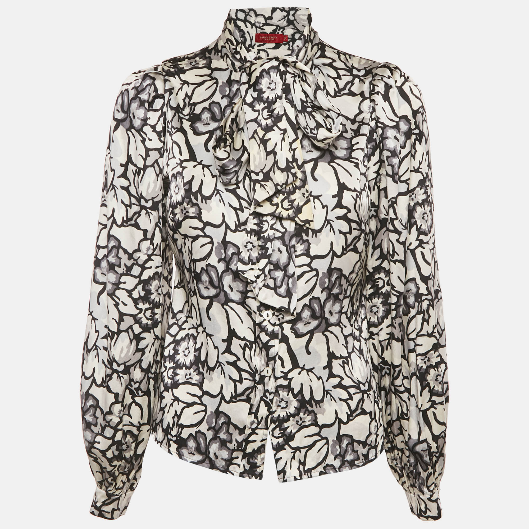 

Burberry White/Black Floral Print Satin Silk Tie-Up Neck Detail Blouse S