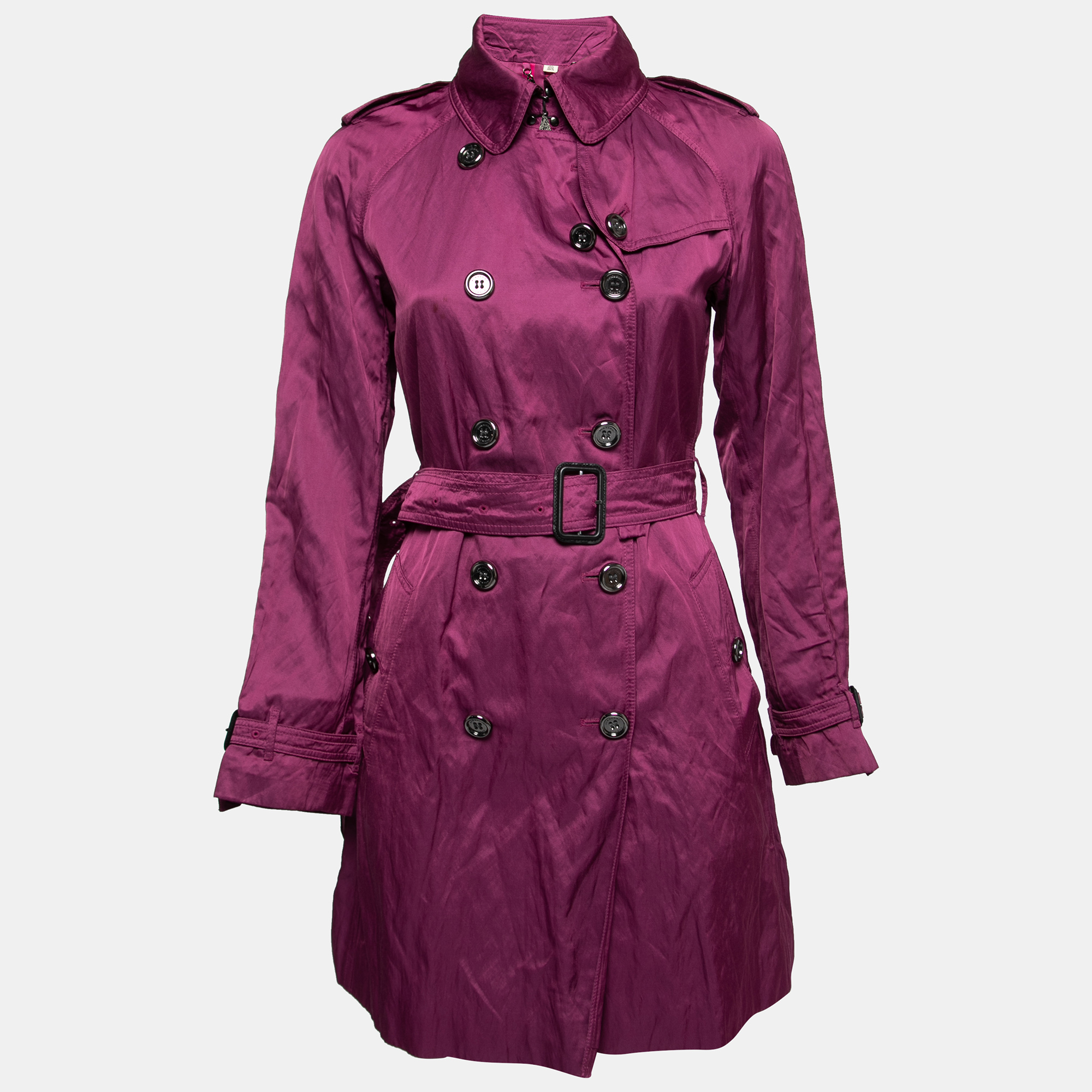 Pre-owned Burberry Purple Satin Belted Trench Coat S