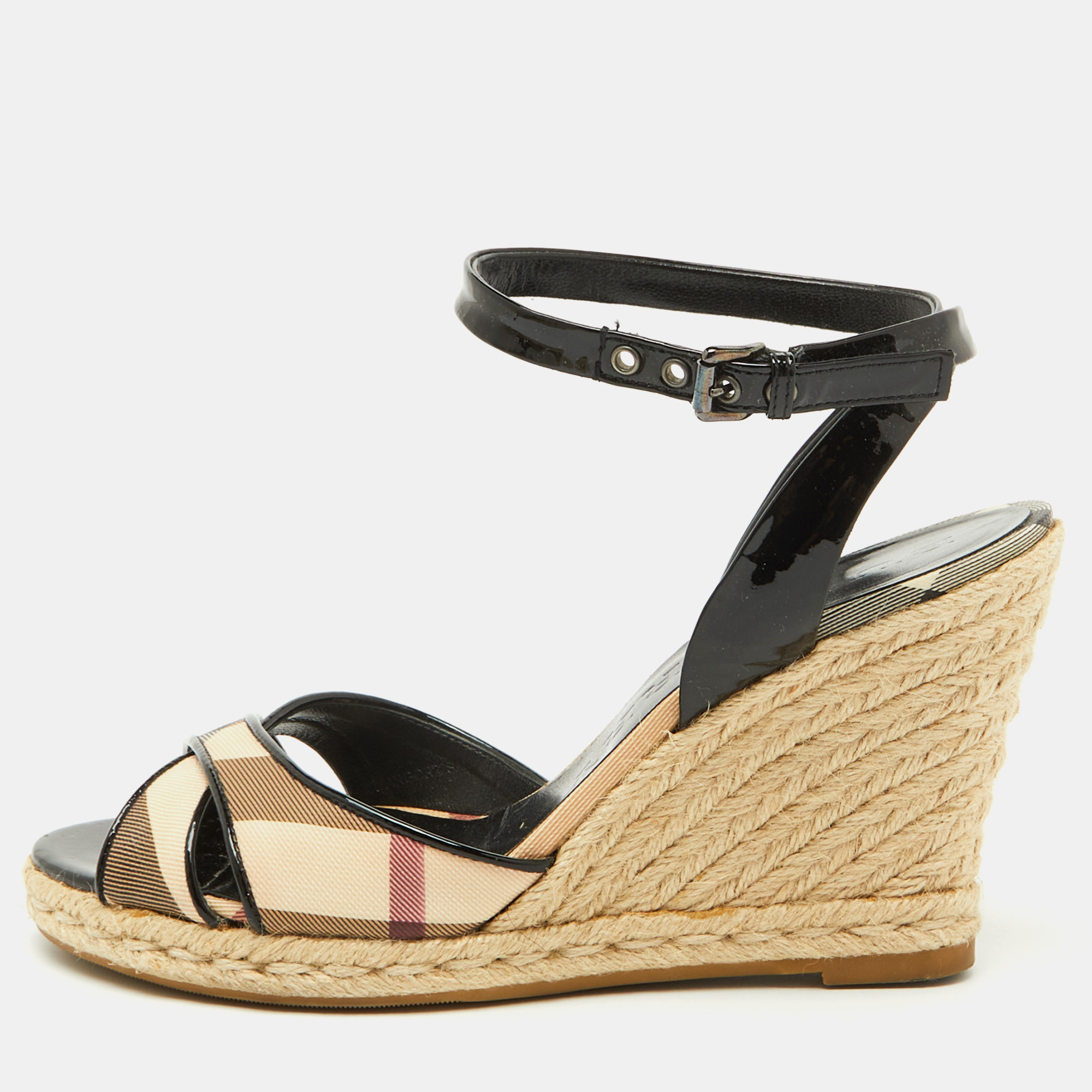 

Burberry Beige/Black Nova Check PVC and Patent Leather Espadrille Wedge Sandals Size