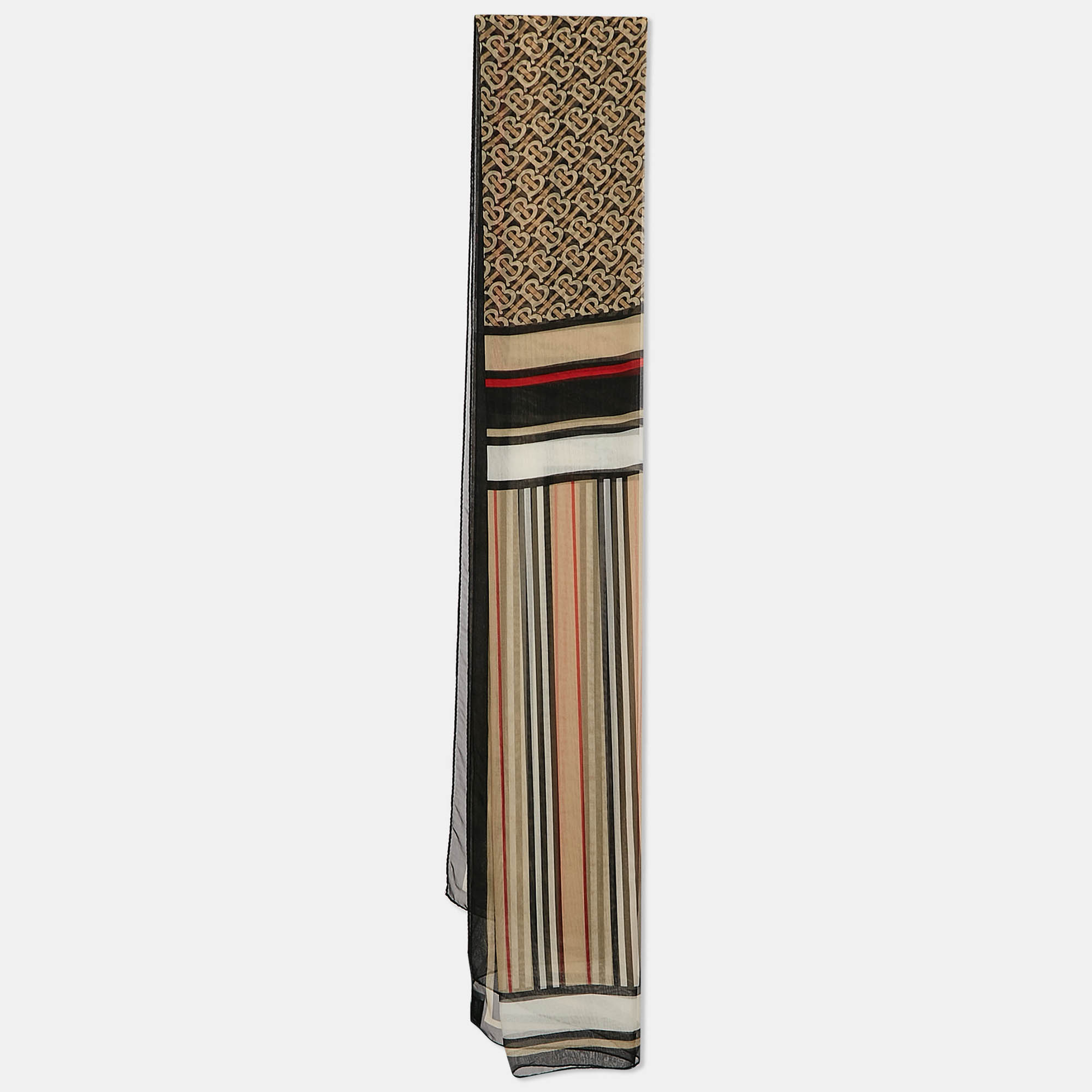 

Burberry Archive Beige Triple Checks Stripe Montage Print Silk Scarf