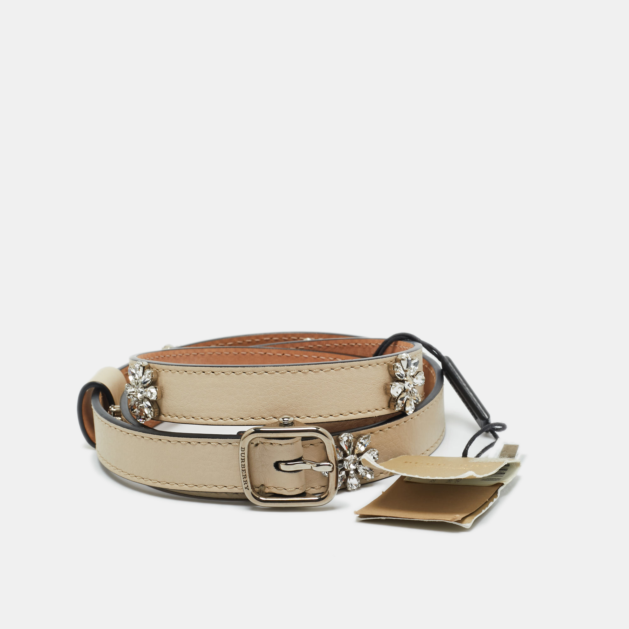 

Burberry Ivory Leather Dover Crystals Slim Buckle Belt 85CM, White