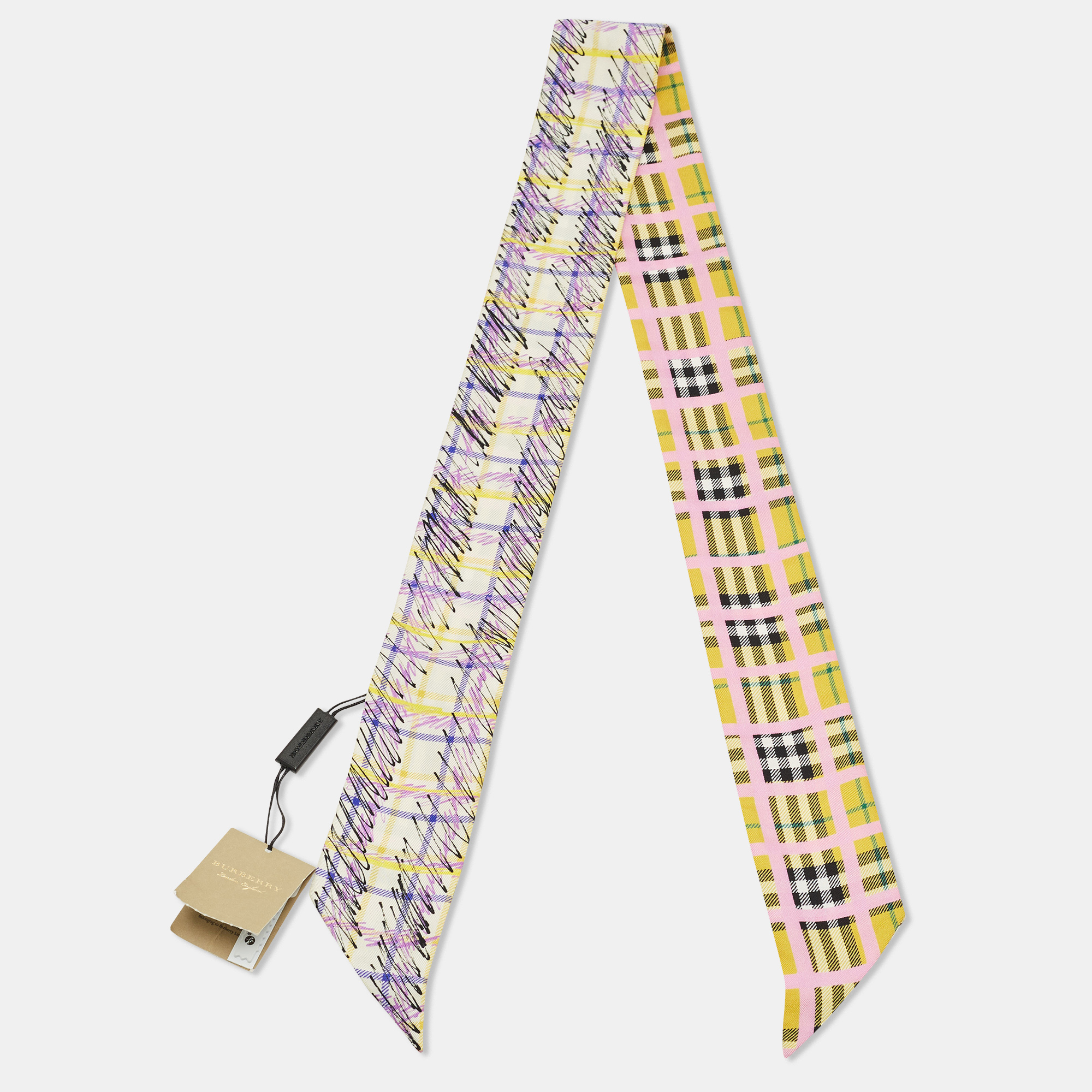 Pre-owned Burberry Yellow/brown Checked Silk Bandeu Scarf