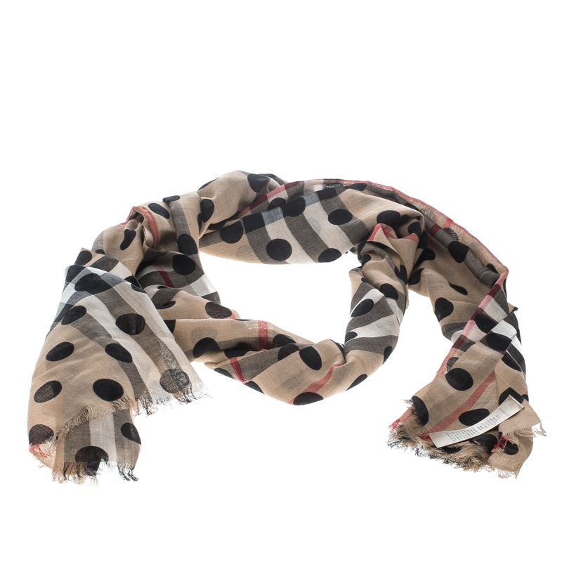 Pre Owned Burberry Beige Novacheck Wool and Silk Polka Dotted Fringed Scarf