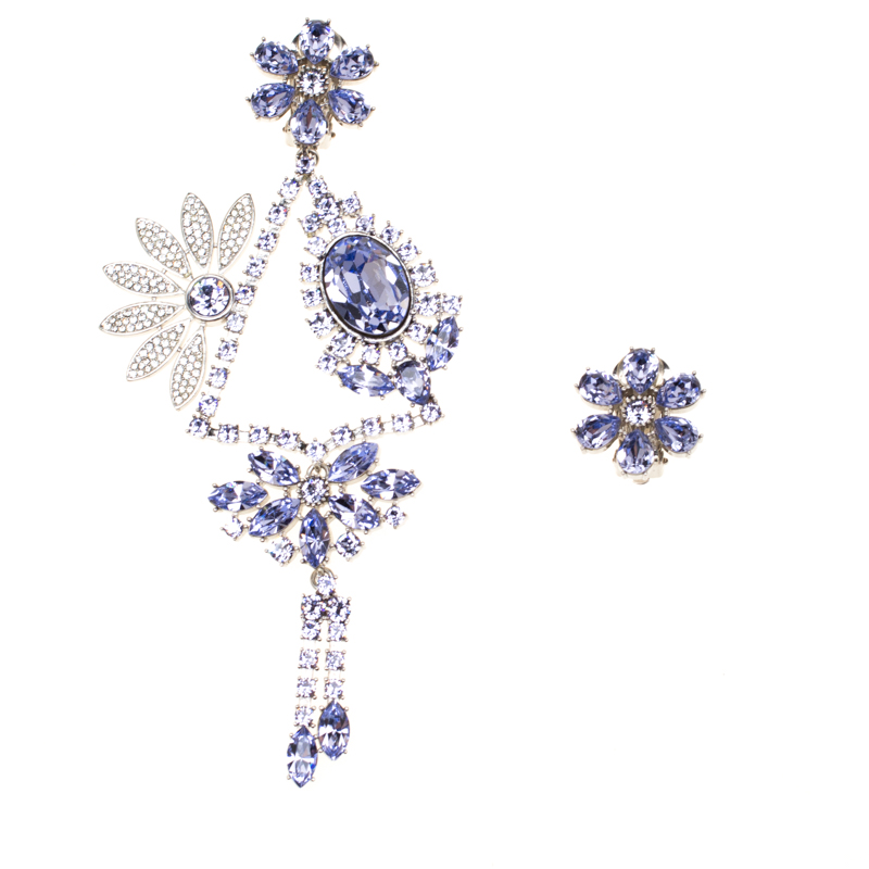 Burberry Half Daisy Crystal Silver Tone Clip-on Asymmetric Stud Drop Earrings