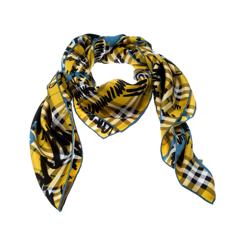 

Burberry Yellow Scribble Check Printed Silk Square Scarf