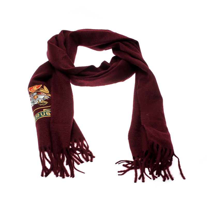 

Burberry Burgundy Cashmere Logo Crest-Embroidered Scarf