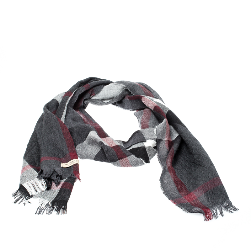 Burberry Charcoal Grey Classic Check Cashmere Wool Fringed Scarf