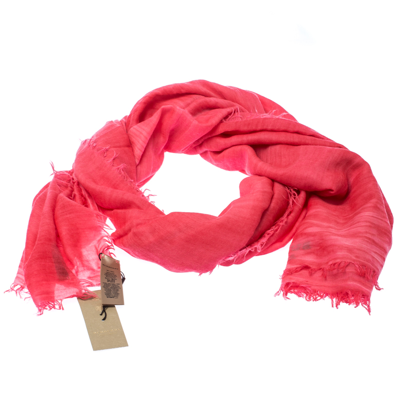 Burberry Bright Coral Red Cashmere Blend Frayed End Shawl