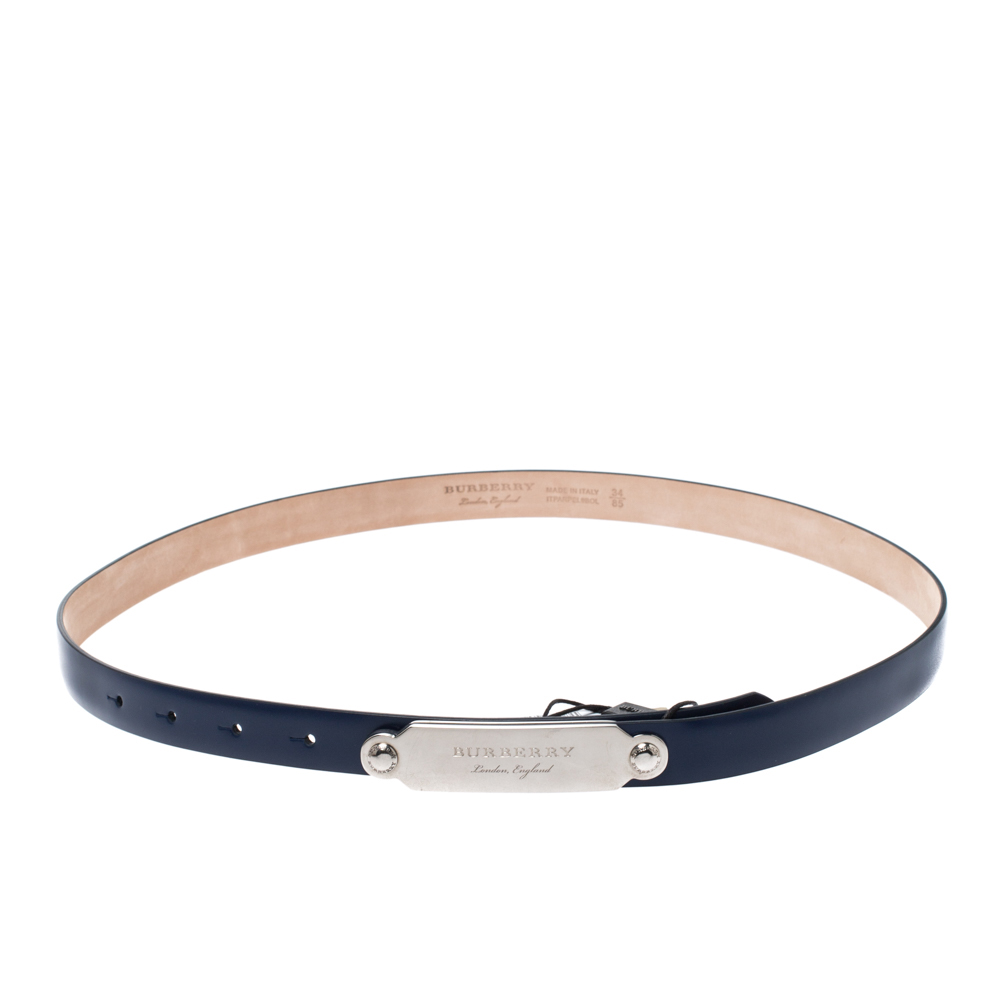 Pre-owned Burberry Blue Leather Reese Slim Belt 85cm
