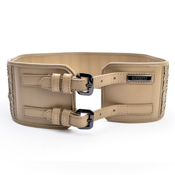 Pre Owned Burberry Beige Leather Double Buckle Wide Belt 80 CM