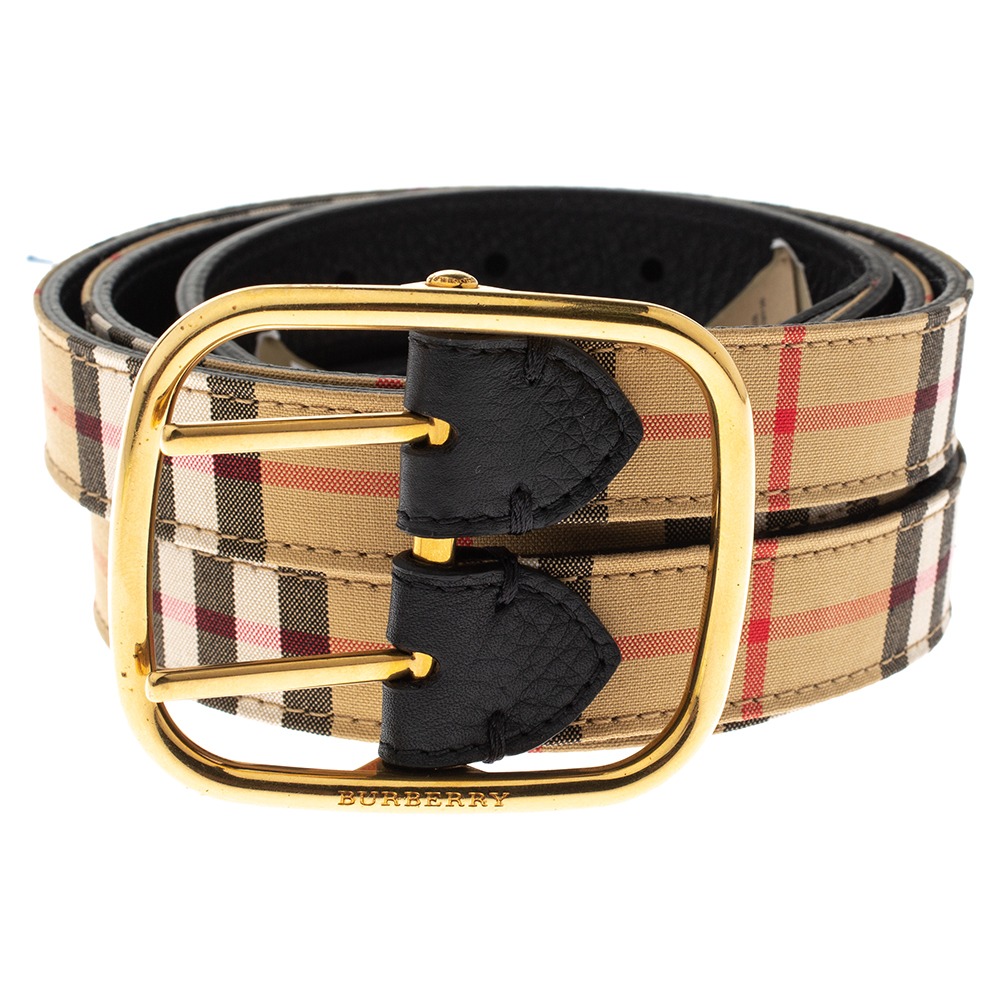 

Burberry Beige/Black House Check Fabric and Leather Lynton Double Strap Belt