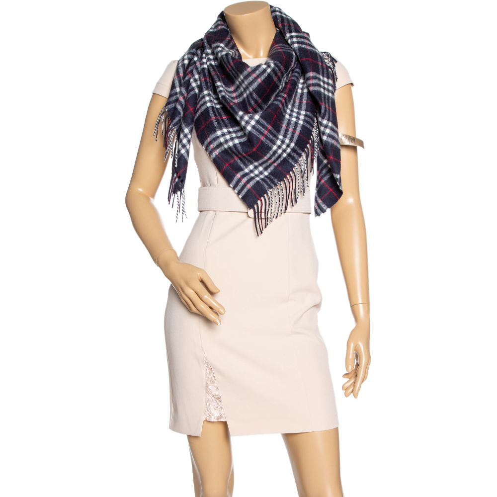 

Burberry Navy Check Cashmere Bandana, Navy blue