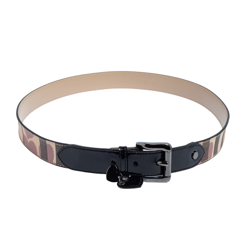 Pre-owned Burberry Beige/black Supernova Check Heart Pvc And Patent Leather Buckle Belt 100 Cm
