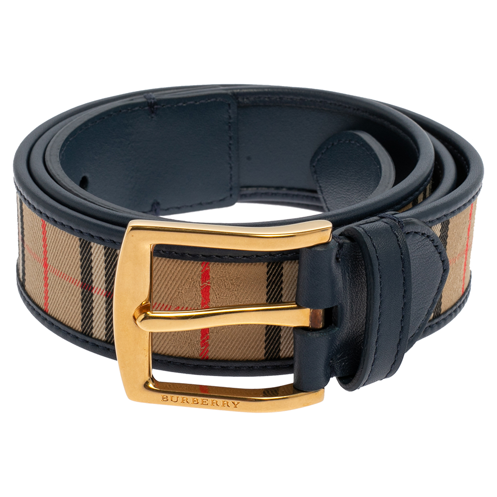 

Burberry Navy Blue Housecheck Canvas and Leather Gray Buckle Belt