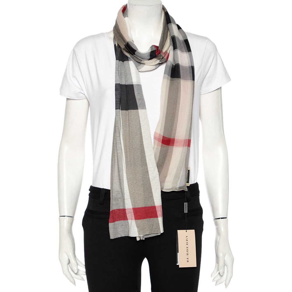 

Burberry Beige Check Print Silk Modal Layered Scarf