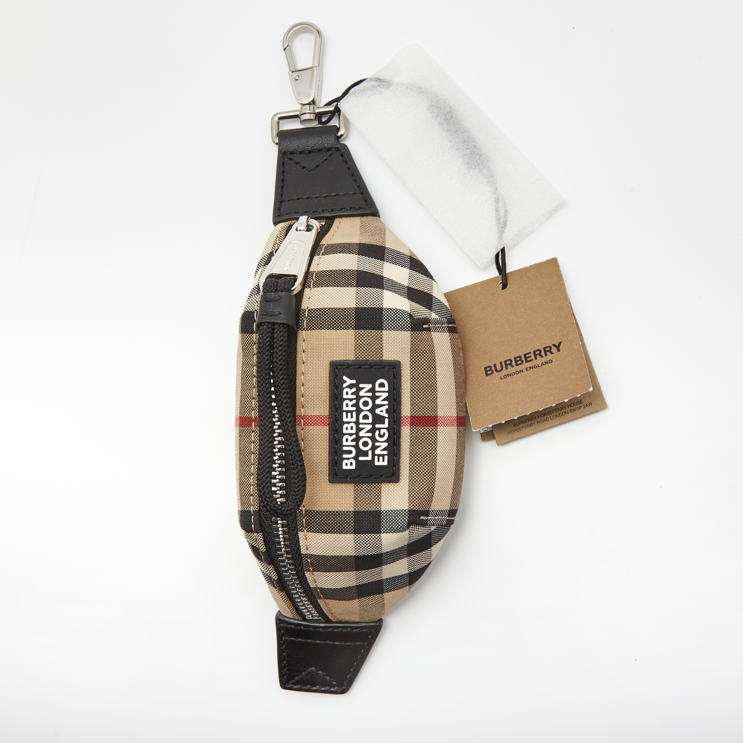 

Burberry Beige/Black House Check Fabric and Leather Mini Sonny Bum Bag Keychain