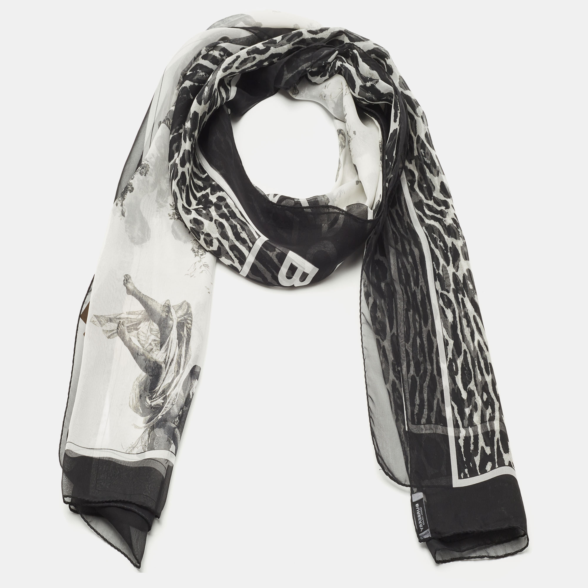 

Burberry Black/White Angel Leopard Print Silk Chiffon Scarf