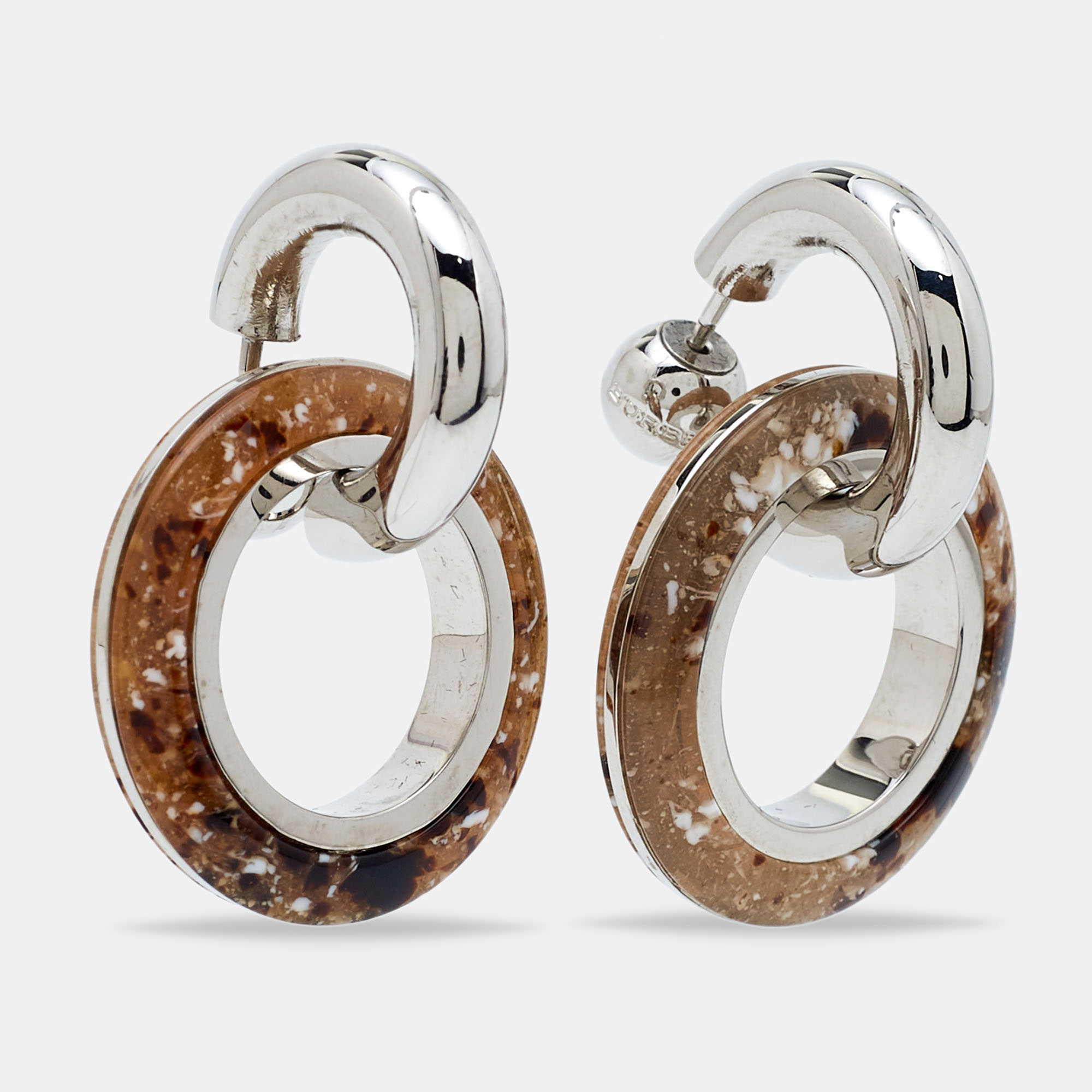 

Burberry Grommet Caramel Marbled Resin Silver Tone Double Earrings