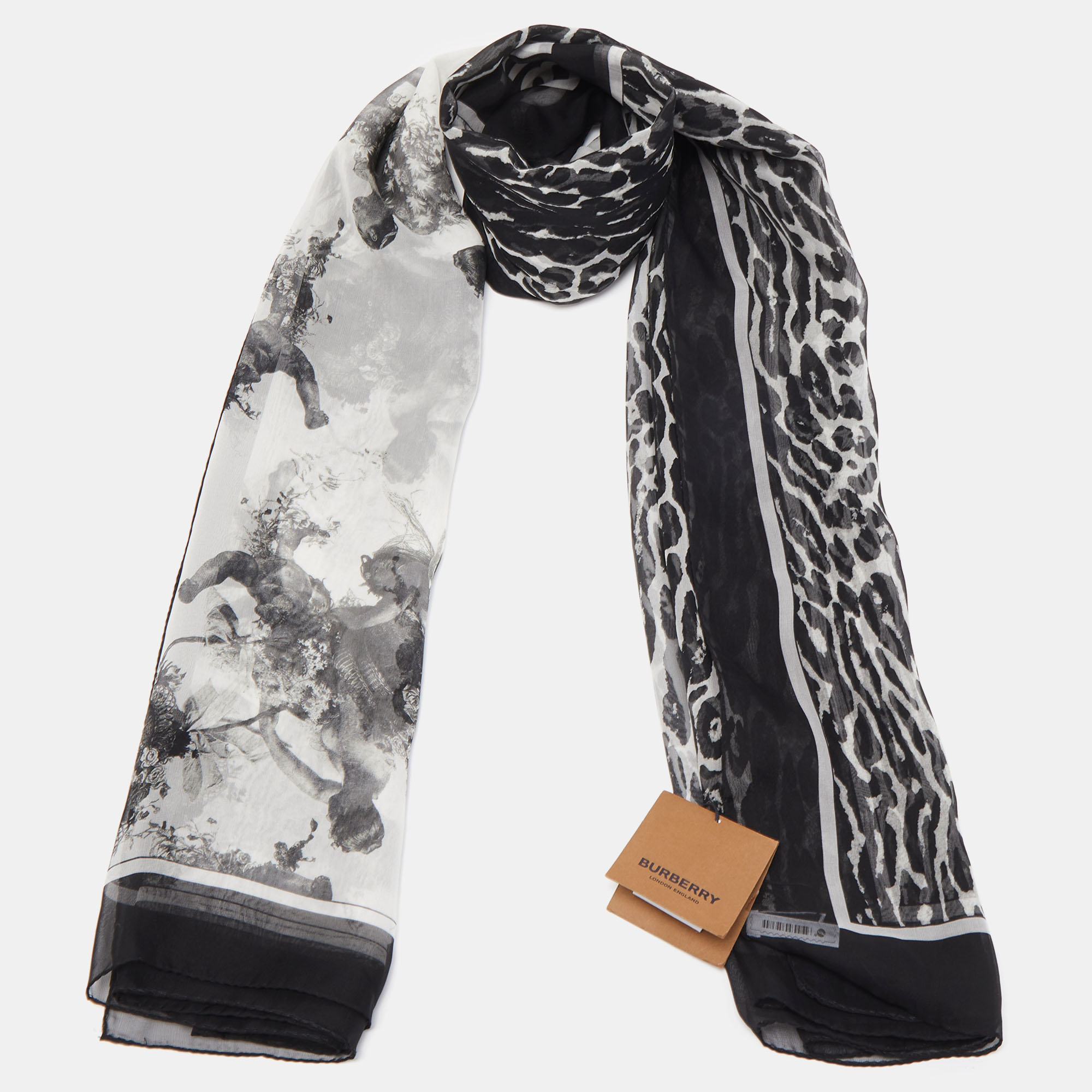 

Burberry Black Animal Printed Silk Scarf