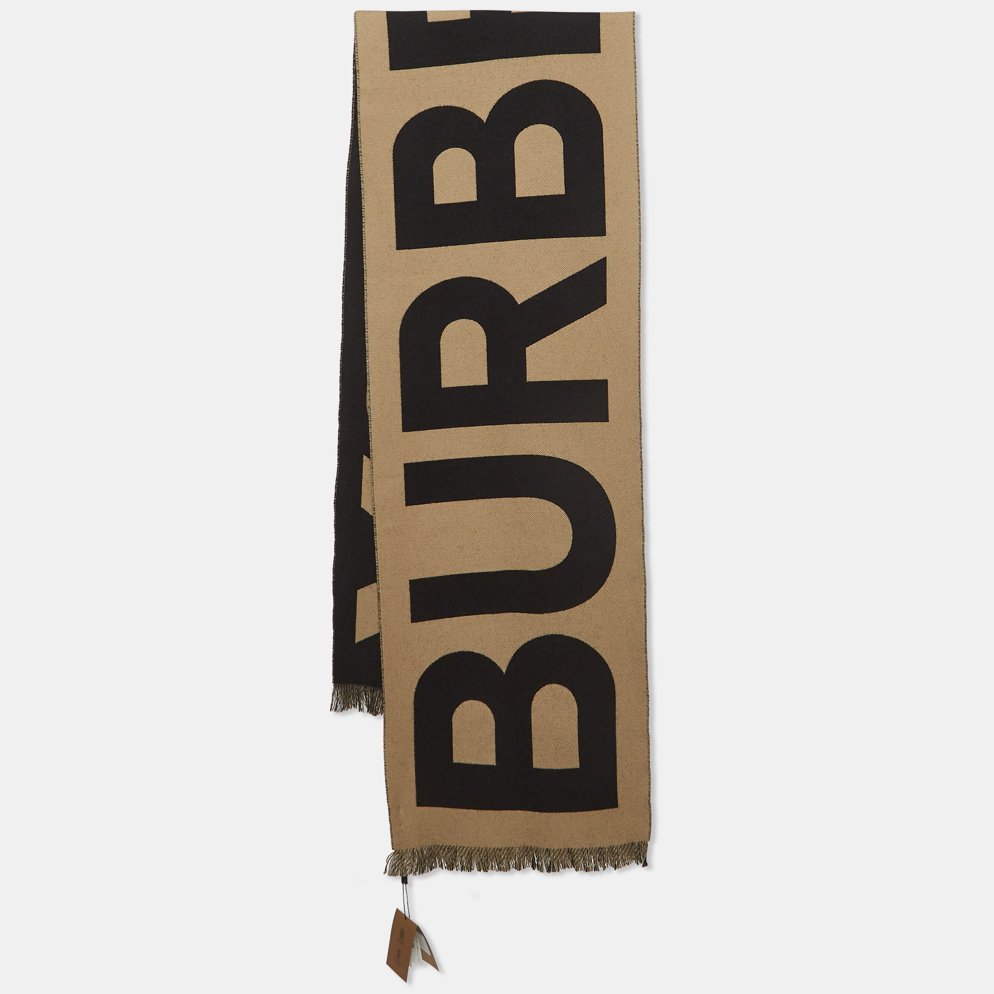 Pre Owned Burberry Beige Logo Patterned Wool Football Scarf