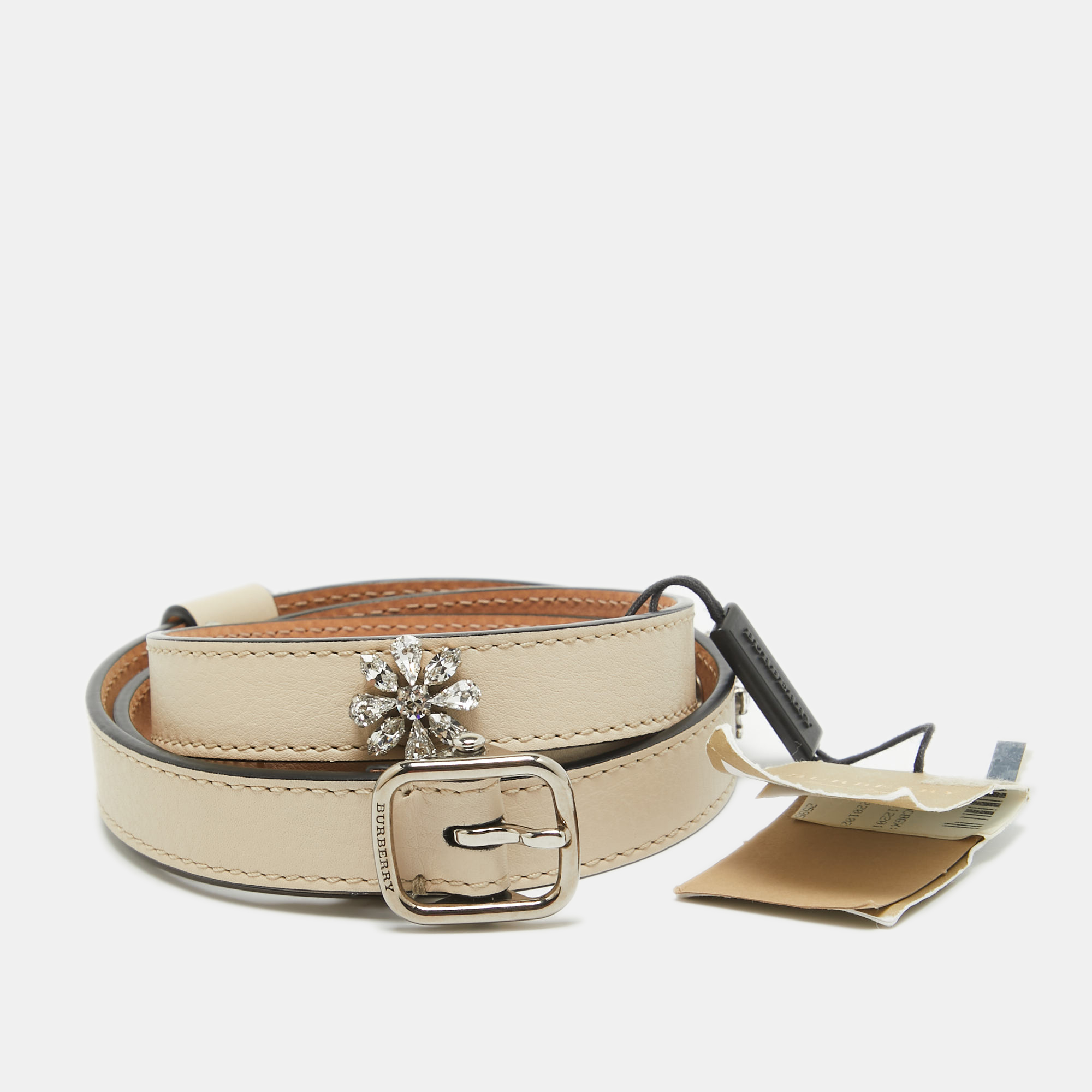 

Burberry Off White Leather Crystals Dover Slim Buckle Belt