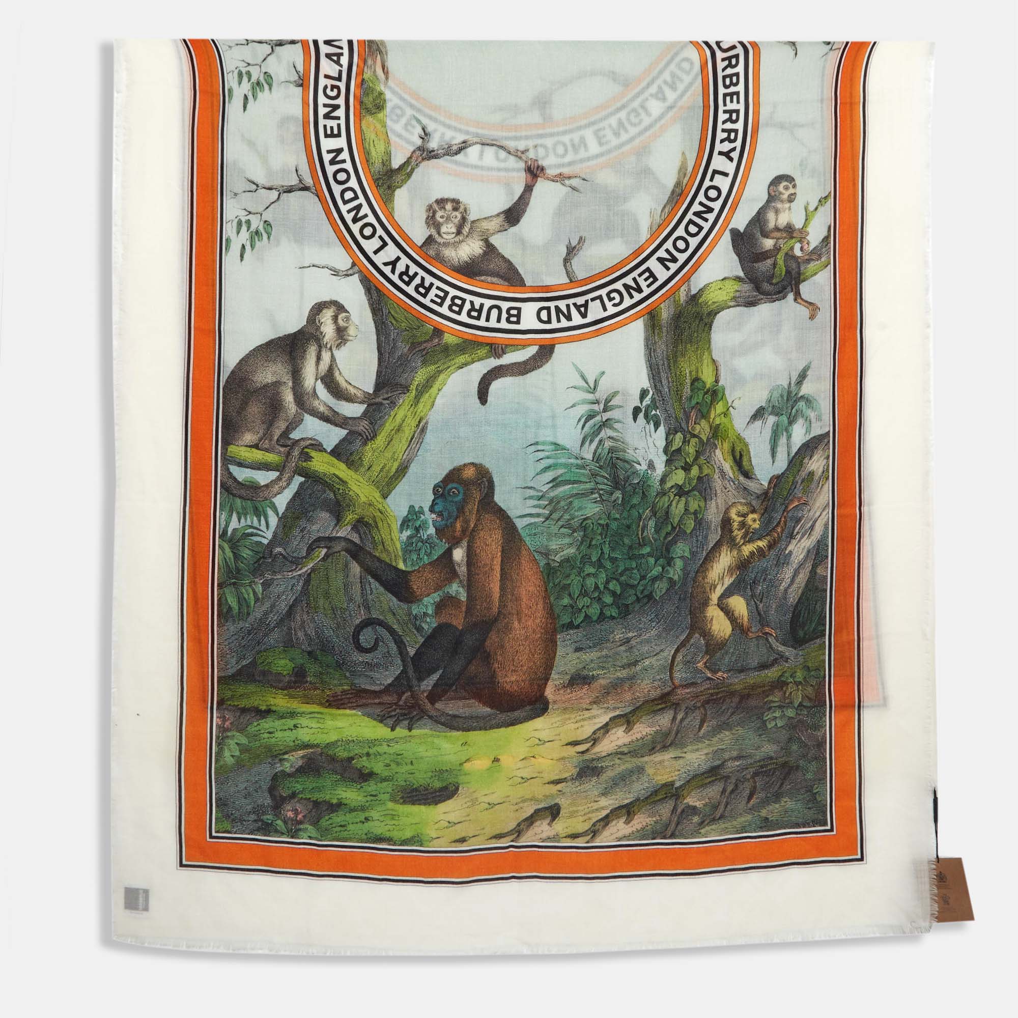 

Burberry Green/White Monkey Print Lightweight Cashmere Scarf