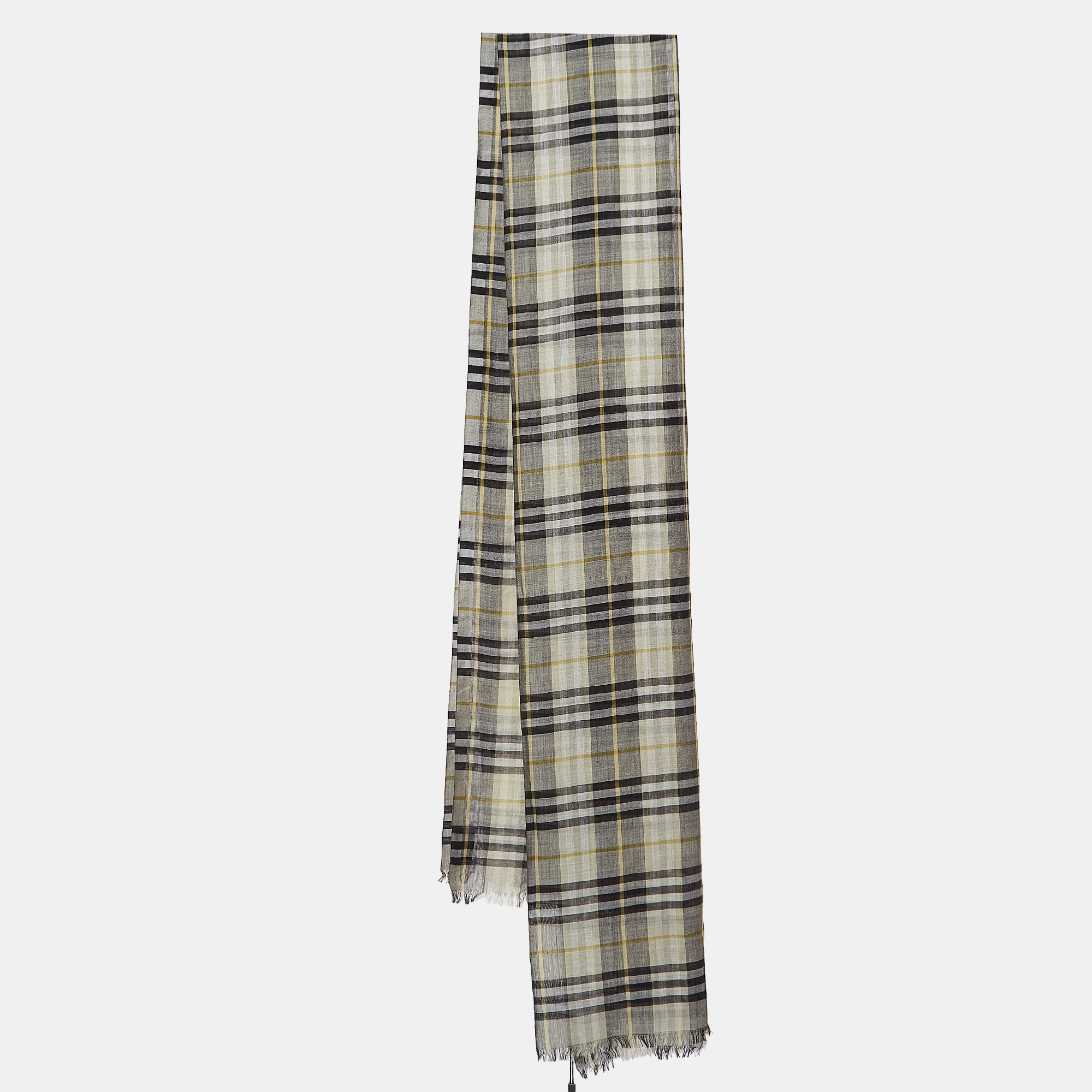 

Burberry Green Vintage Check Wool and Silk Gauze Fringed Scarf