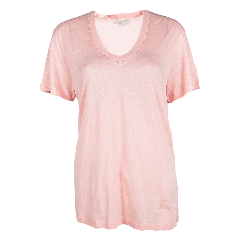 Burberry Brit Coral Pink Linen Knit V-Neck T-Shirt L