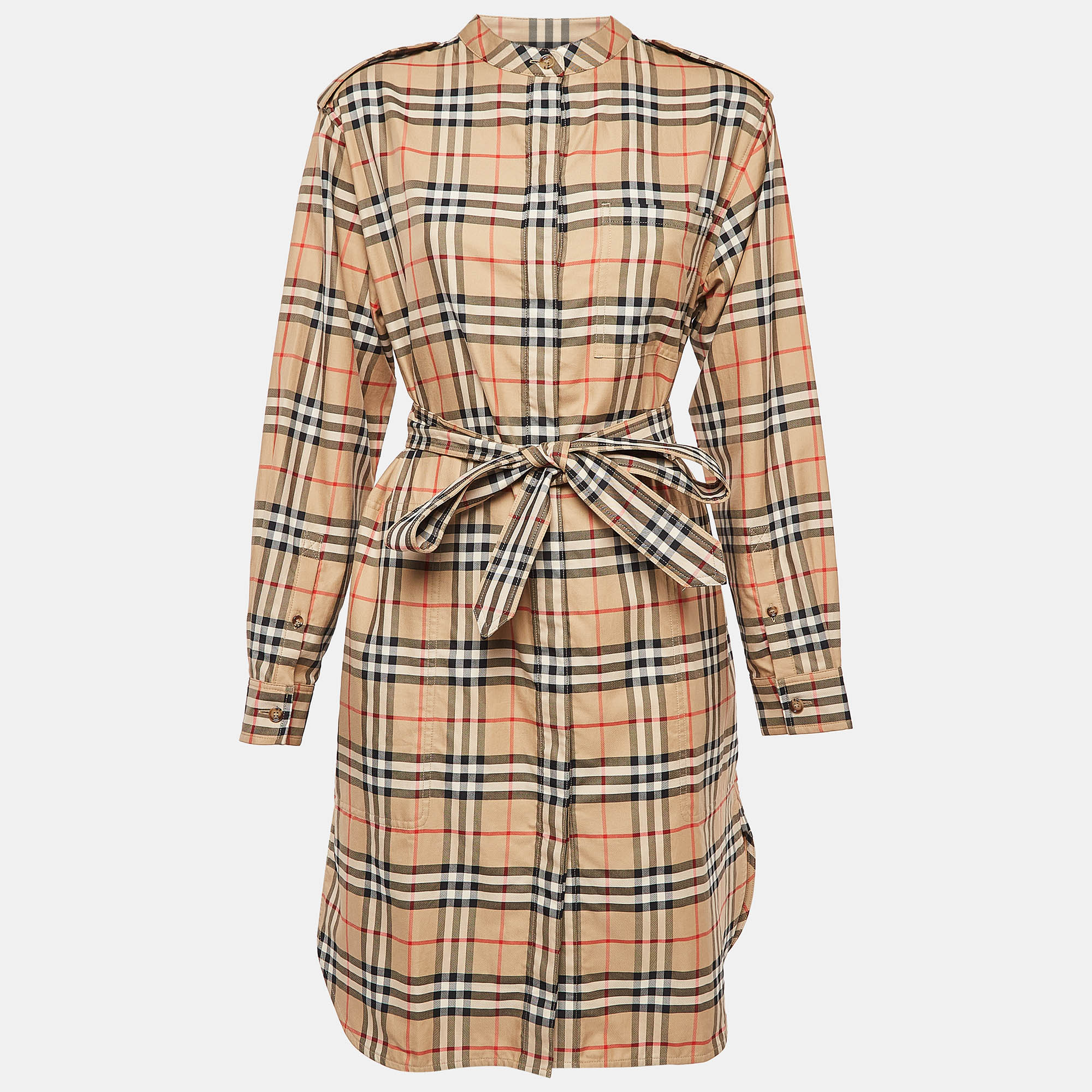 Pre-owned Burberry Brown Plaid Cotton Belted Shirt Dress M