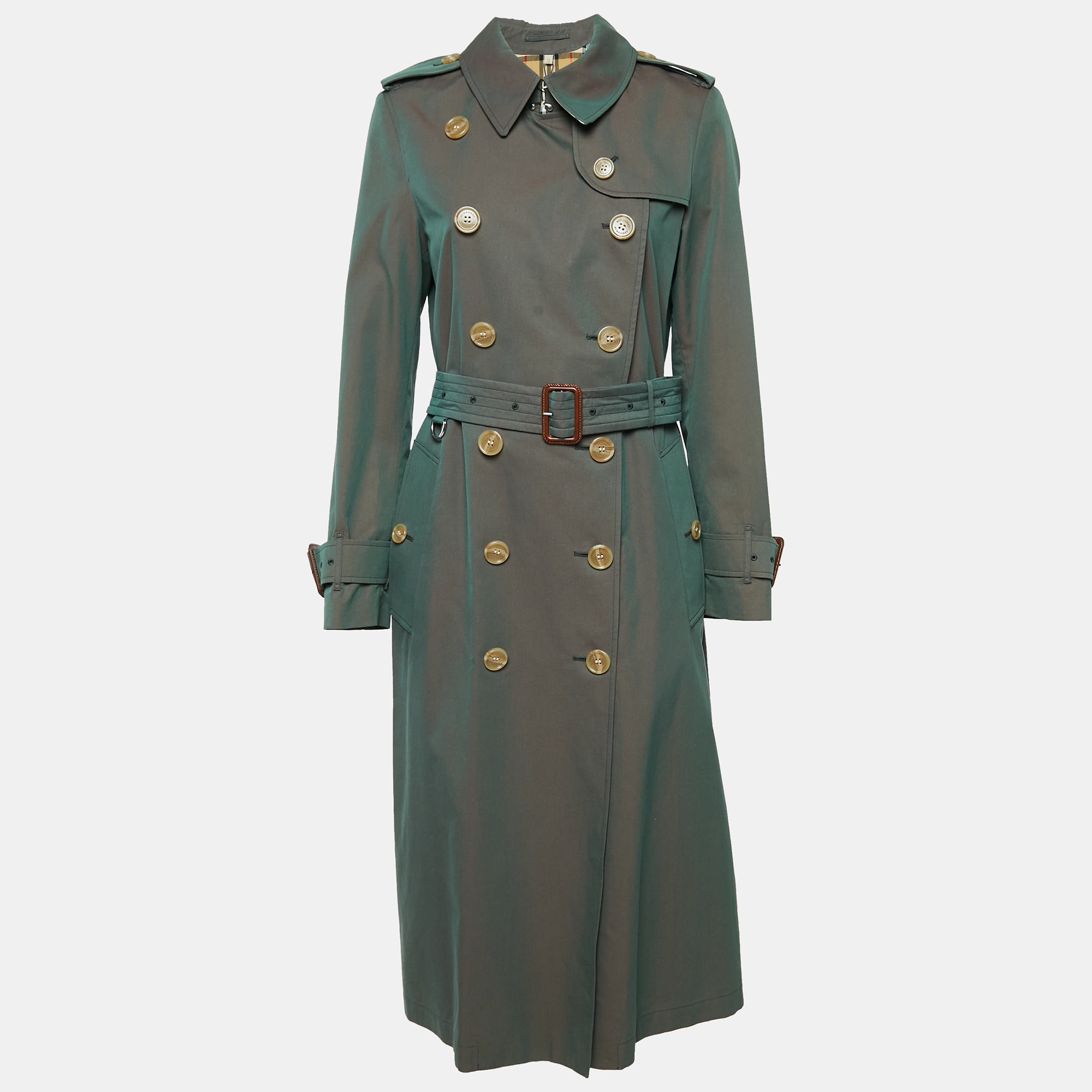 

Burberry Antique Green Gabardine Double Breasted Trench Coat S