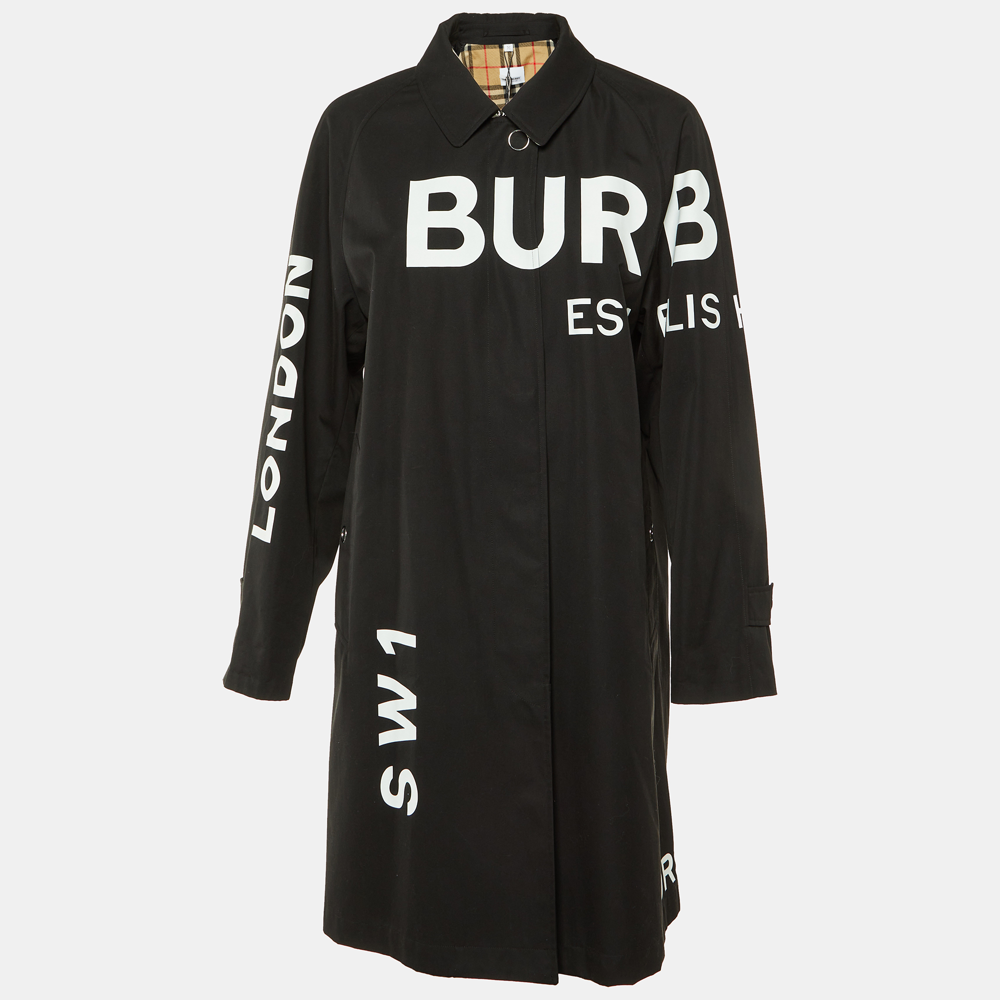 

Burberry Black Logo Print Cotton Gabardine Antonia Car Coat M