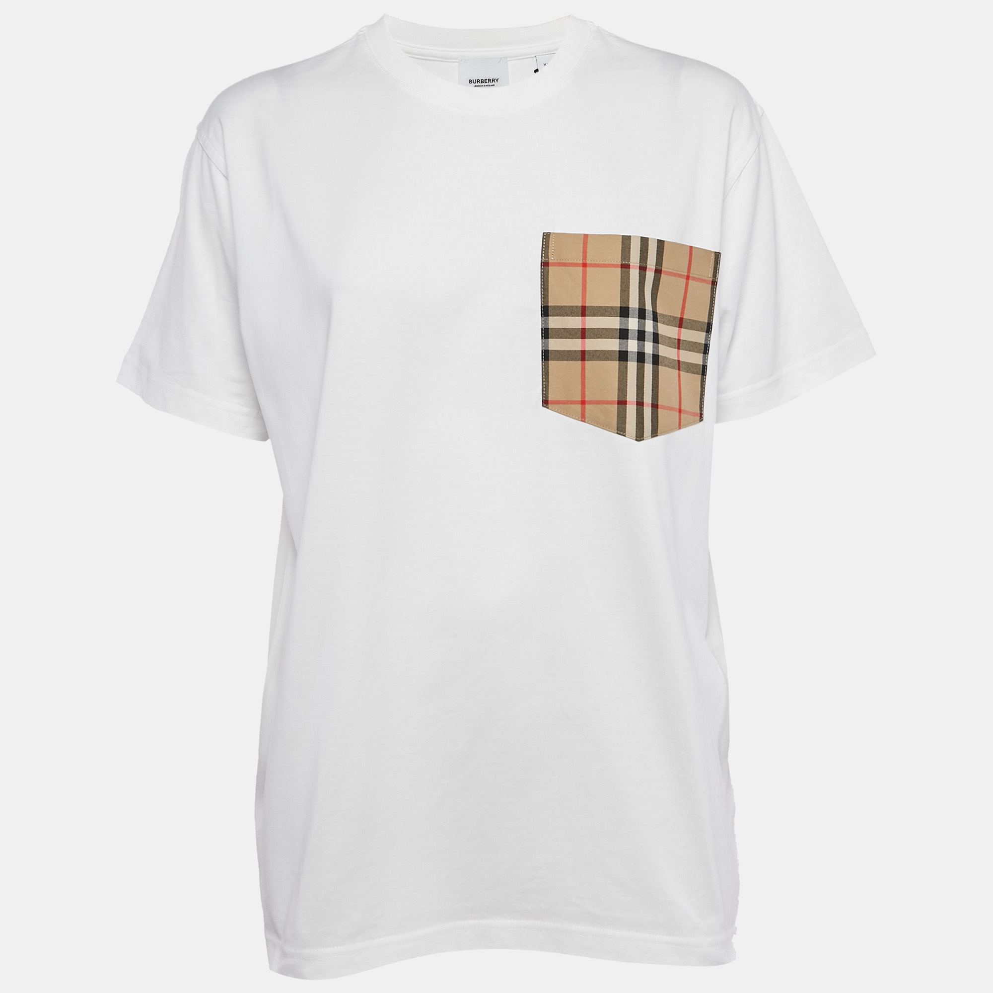 

Burberry White Cotton Carrick Check Pocket Detail Oversized T-Shirt XS