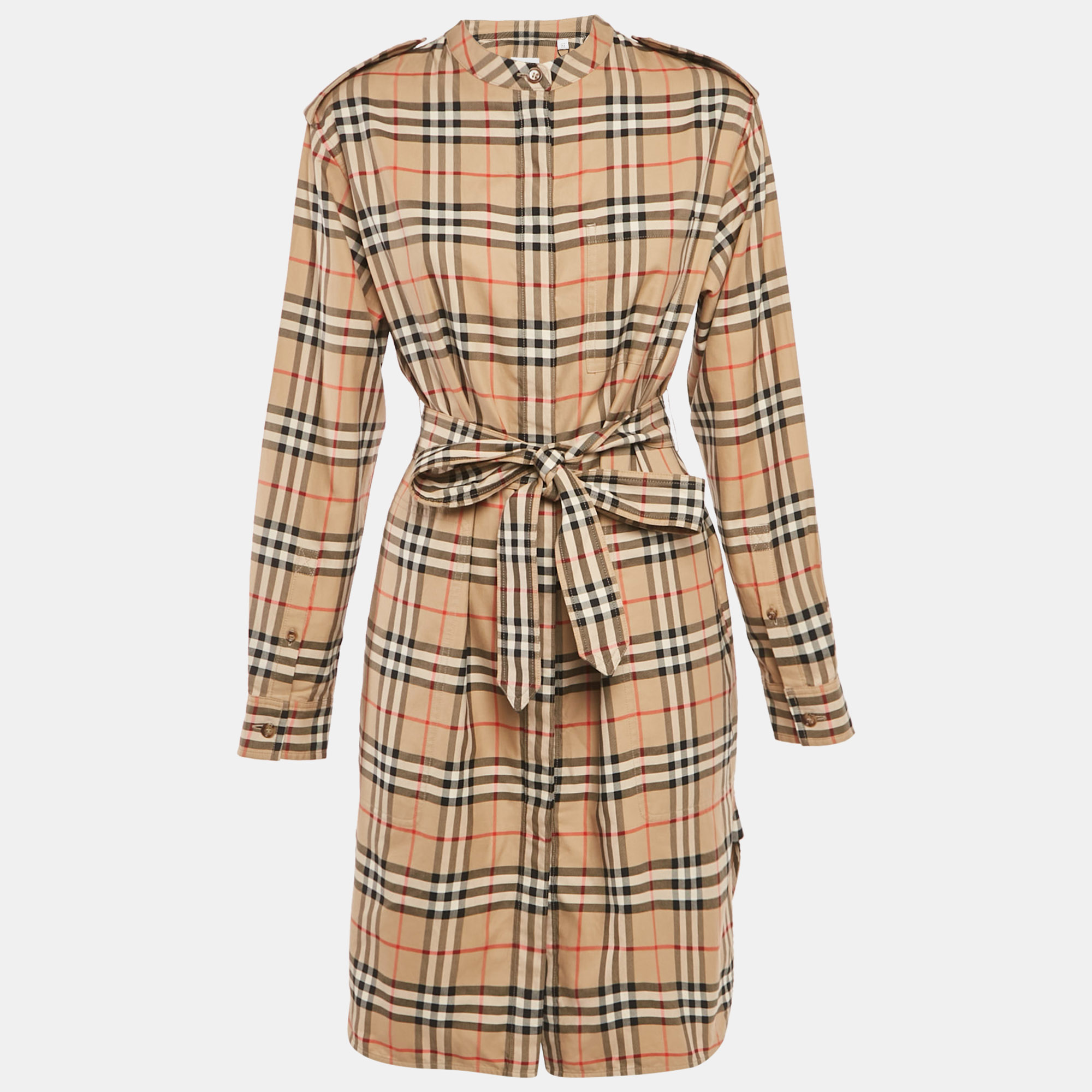 

Burberry Beige Check Print Cotton Belted Short Dress M