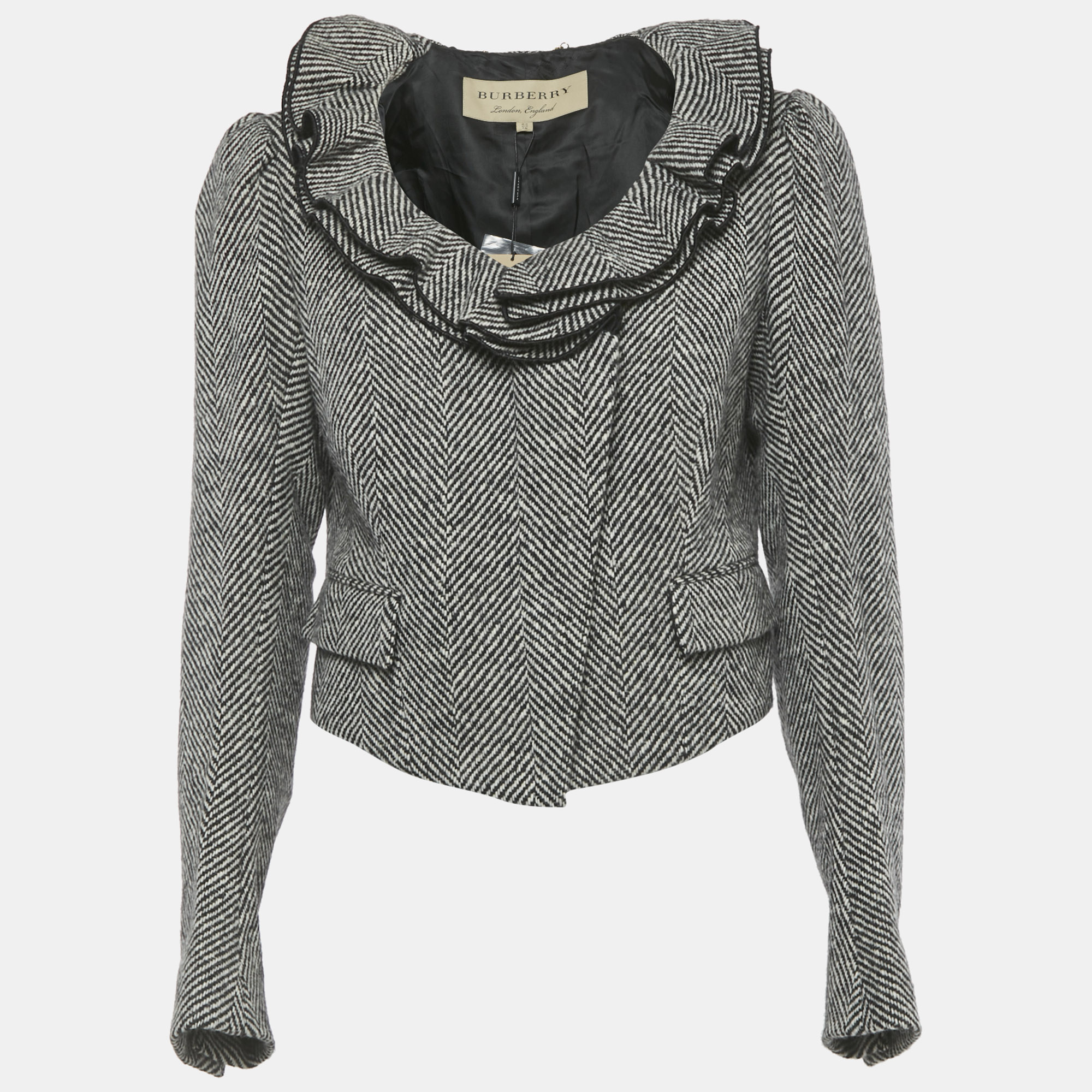 

Burberry Monogram Herringbone Ruffled Jacket M, Black