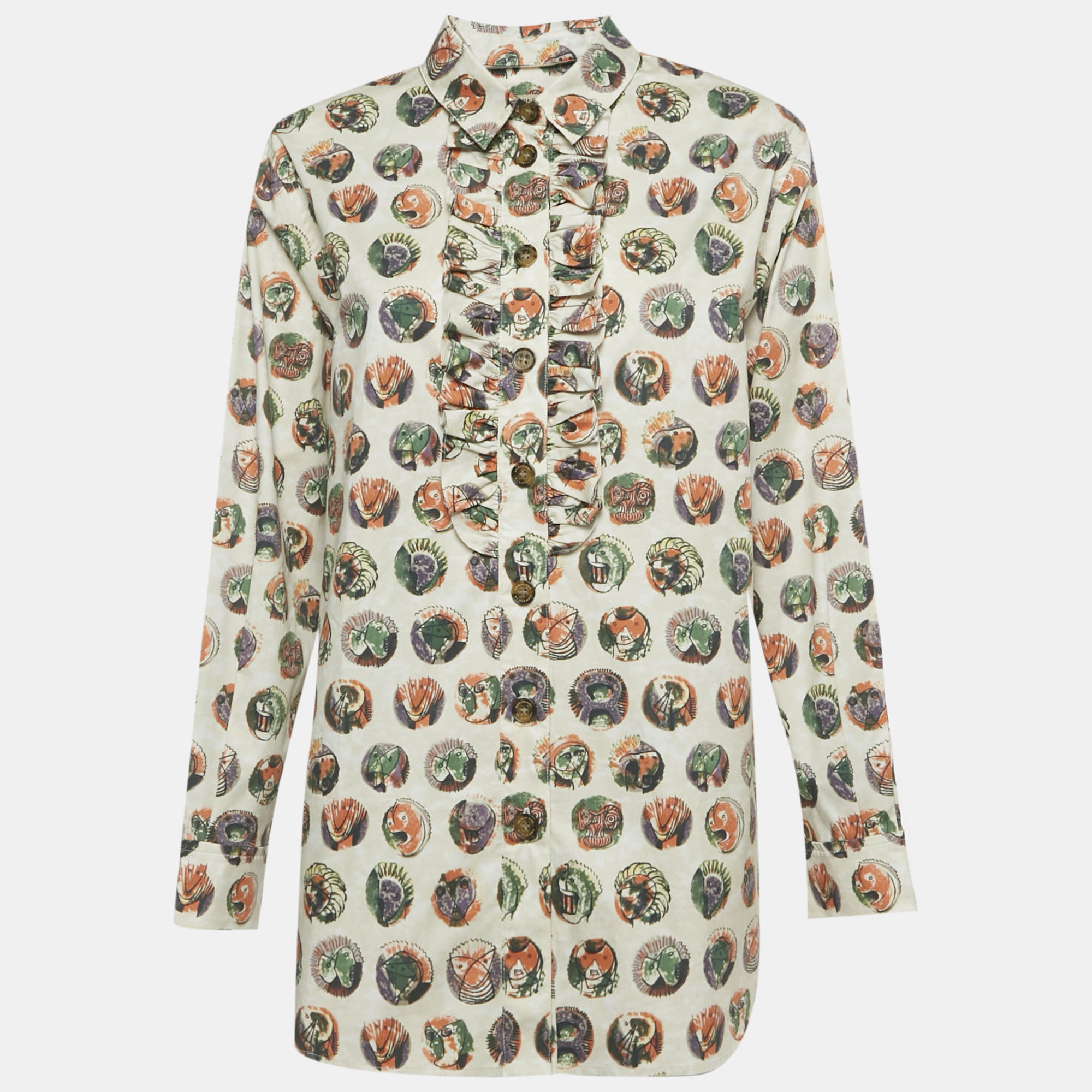 Pre-owned Burberry Beige Mask Print Cotton Ruffle Detail Shirt M In Sand