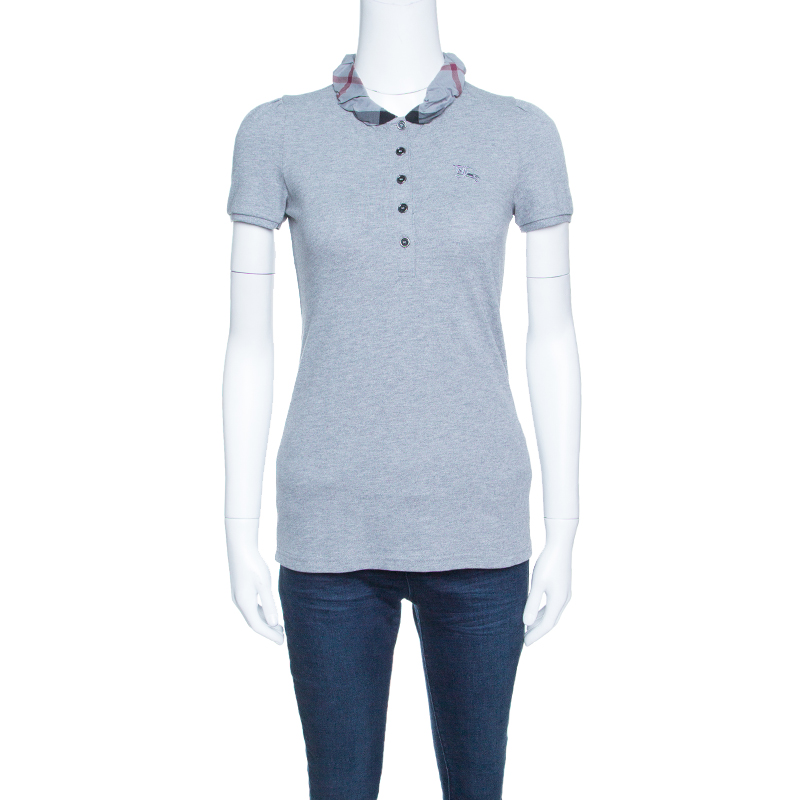 Pre Owned Burberry Brit Grey Melange Novacheck Collar Polo T-Shirt XS