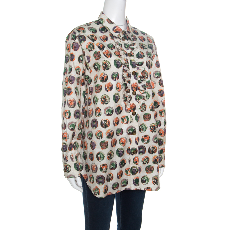 

Burberry Beige Monster Mask Print Ruffle Detail Shirt L