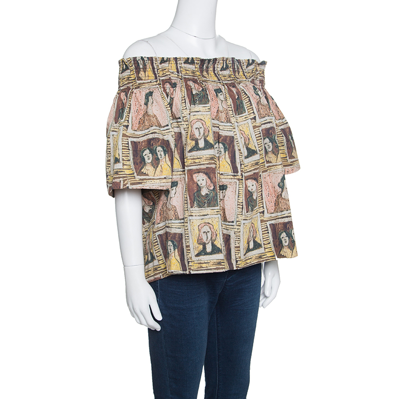 

Burberry Umber Brown Framed Heads Printed Cotton Off Shoulder Top