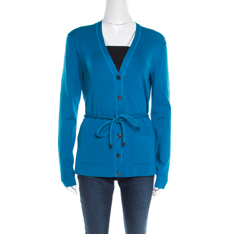 Pre Owned Burberry Kingfisher Blue Silk Belted Button Front Cardigan L