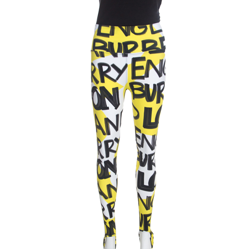 Pre-owned Burberry Yellow Graffiti Logo Print Nylon Stretch Stirrup Leggings M