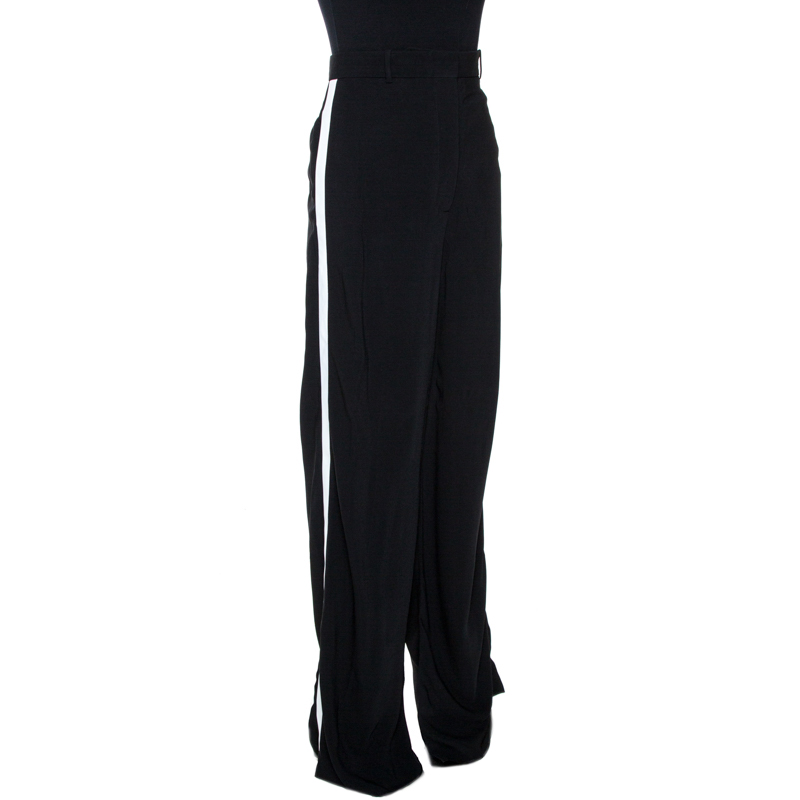 

Burberry Black Crepe Stripe Detail Wide Leg Pants