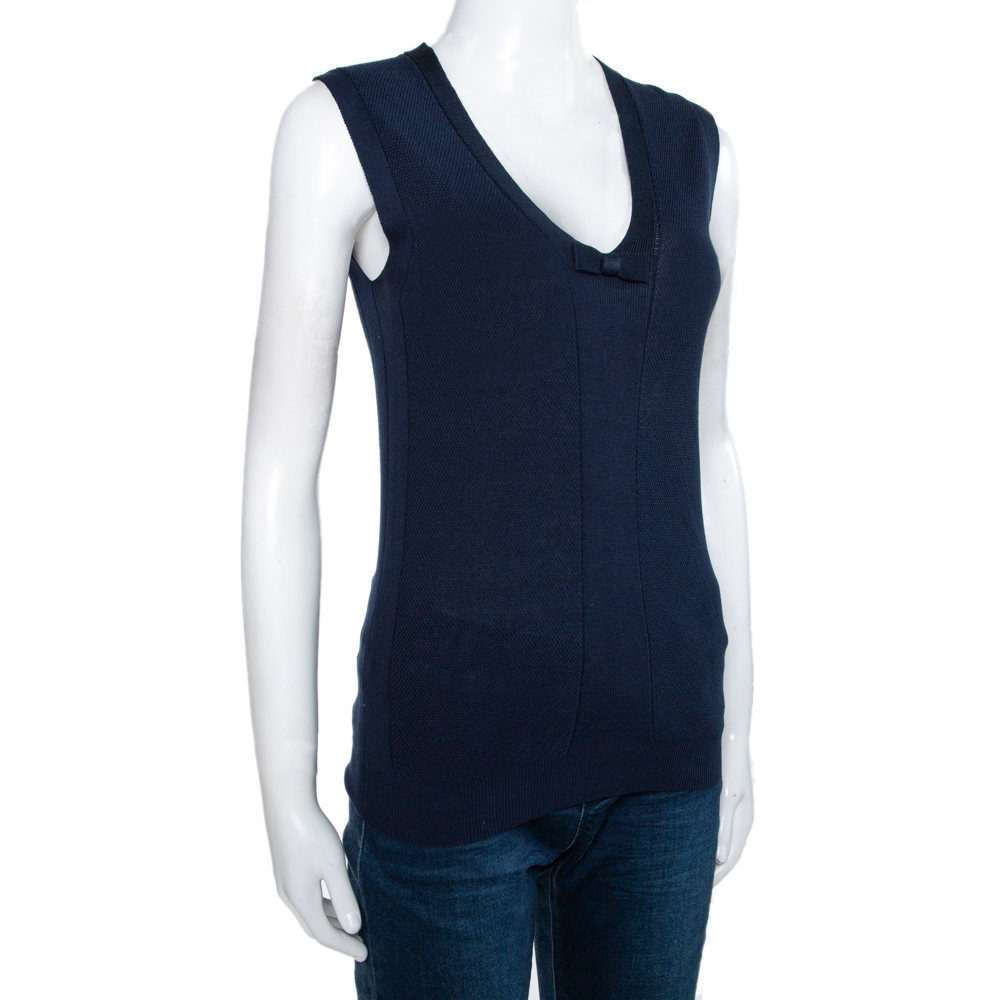

Burberry London Navy Blue Cotton Silk Knit Sleeveless V Neck Top