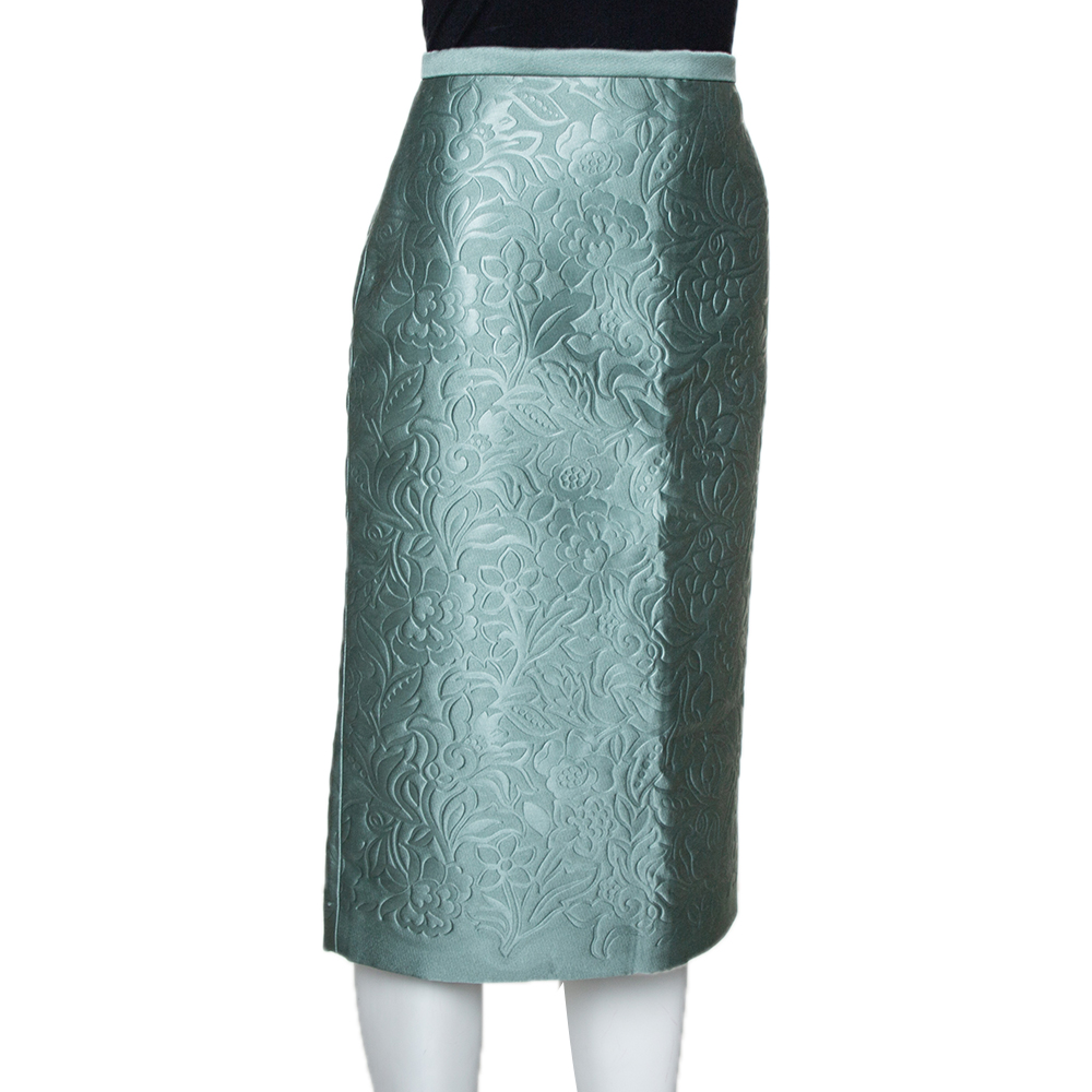 

Burberry Prorsum Light Green Floral Embossed Pencil Skirt