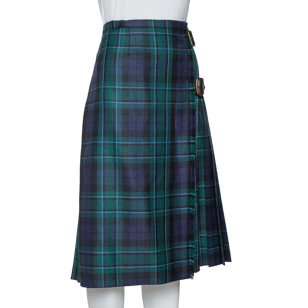 

Burberry Green Plaid Wool Pleated Taybridge Wrap Skirt
