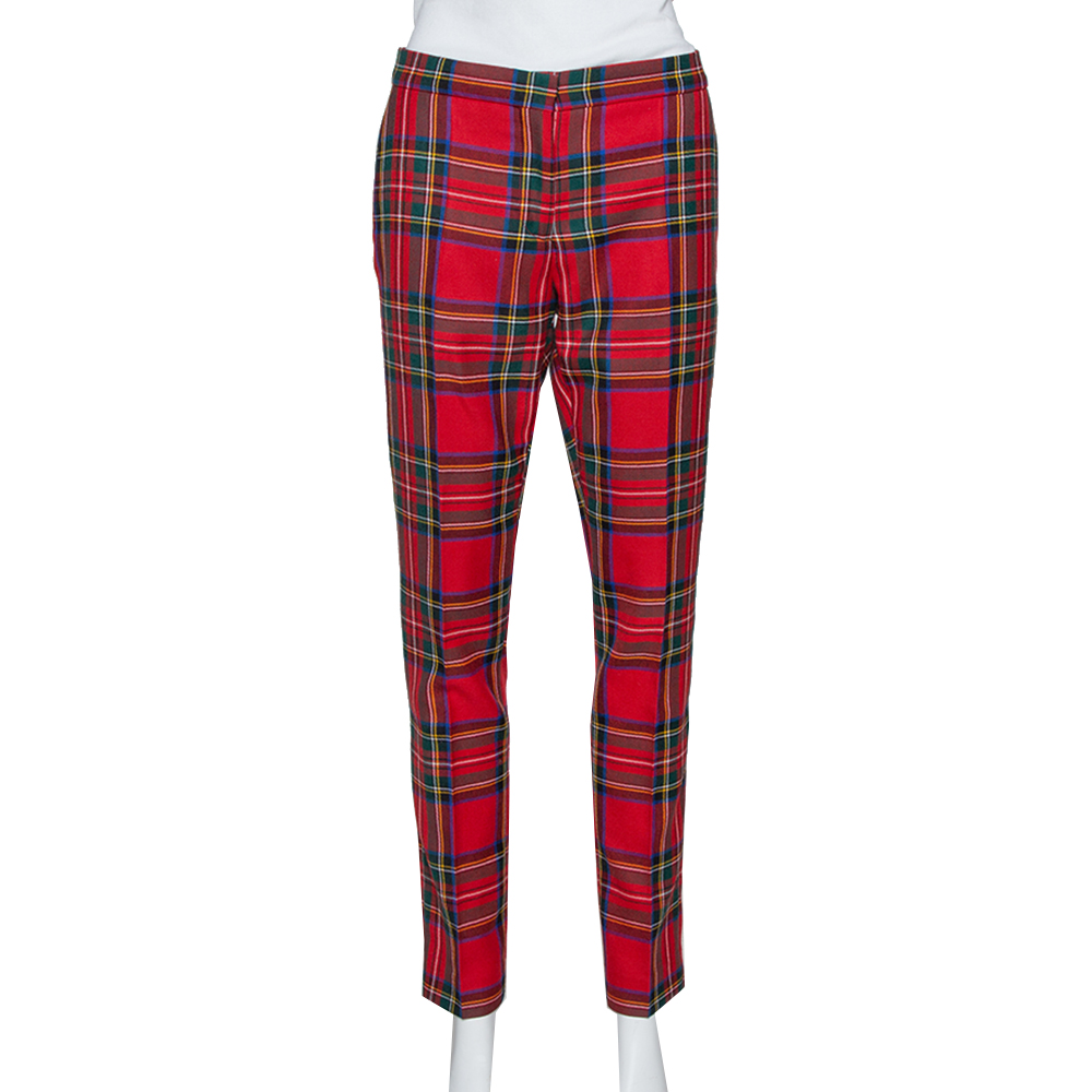 BURBERRY RED TARTAN CHECK WOOL TAILORED TROUSERS L